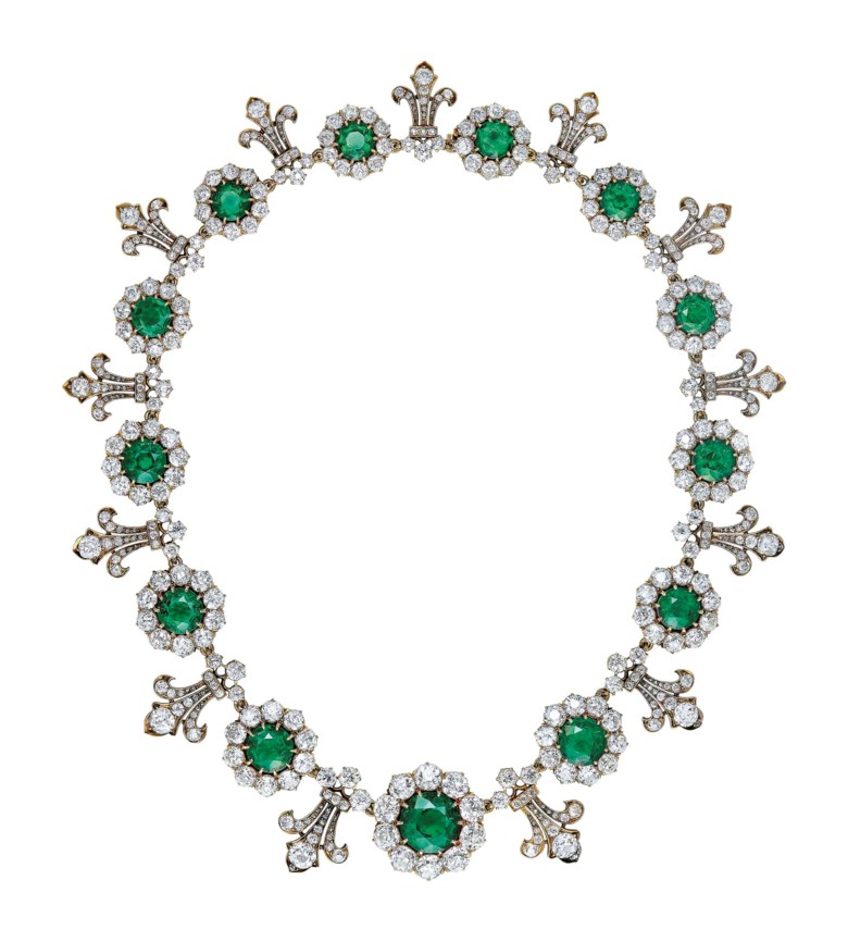Important late-19th-century emerald and diamond necklace, by Tiffany & Co. Thirteen graduated circular-cut emeralds from approximately 7.19 to 1.70 carats each, old-cut diamonds, gold, 1880s, signed Tiffany &  Co. Sold for CHF 1,572,500 on 16 May 2018 at Christie’s in Geneva