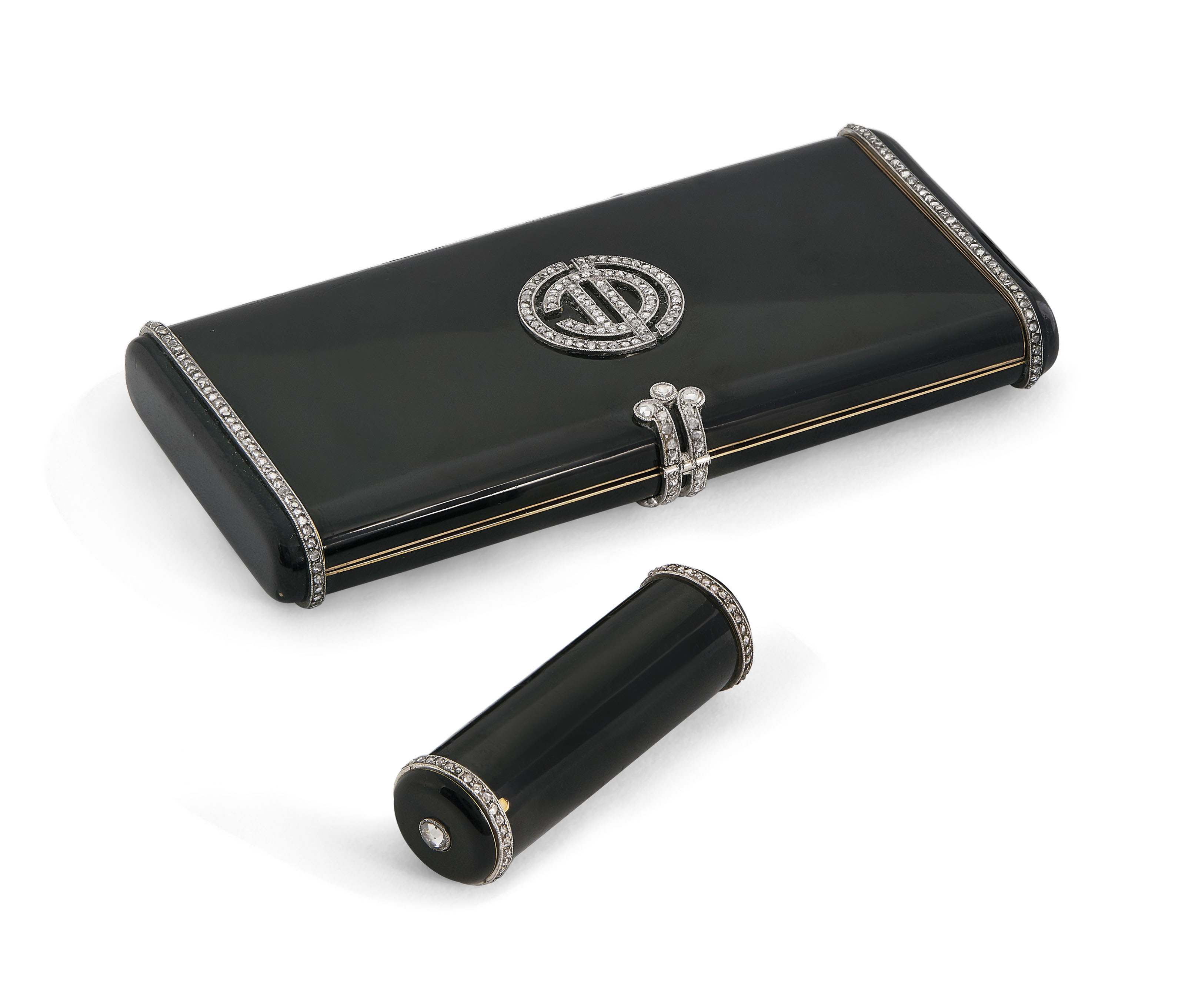 ART DÉCO ENAMEL AND DIAMOND POWDER COMPACT AND LIPSTICK HOLDER, CARTIER