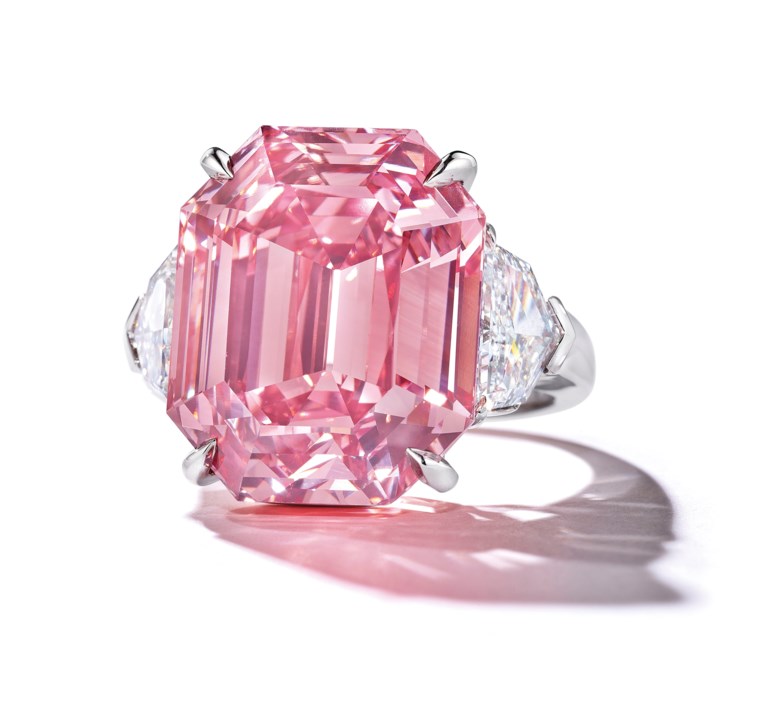 The Pink Legacy a sensational coloured diamond ring 18.96 carats, Fancy Vivid Pink colour. Sold for CHF 50,375,000 on 13 November 2018 at Christie’s in Geneva