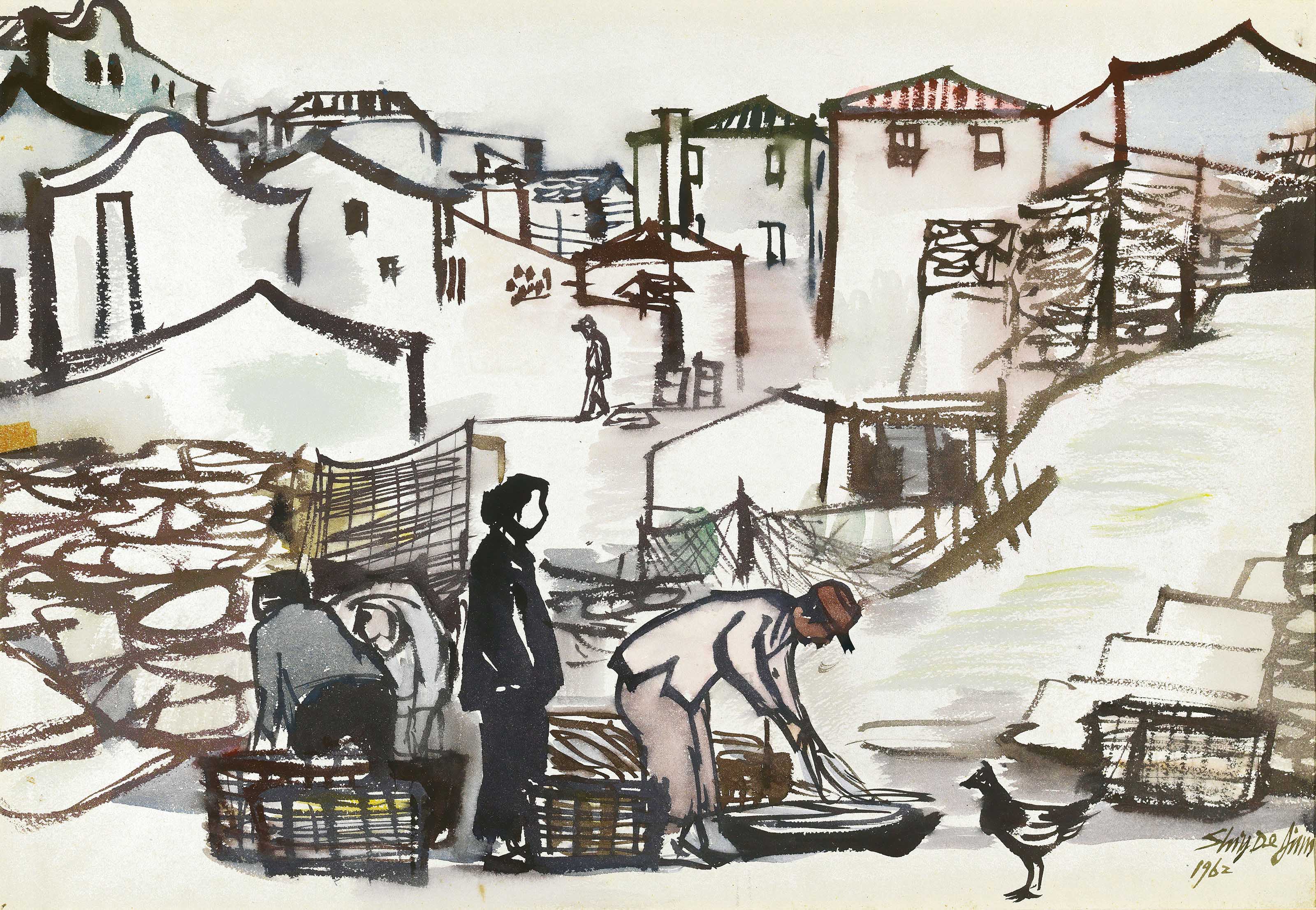 Shiy De Jinn Xi Dejin China 1923 1981 Fishing Village In Matsu 1960s Drawings Watercolors Christie S