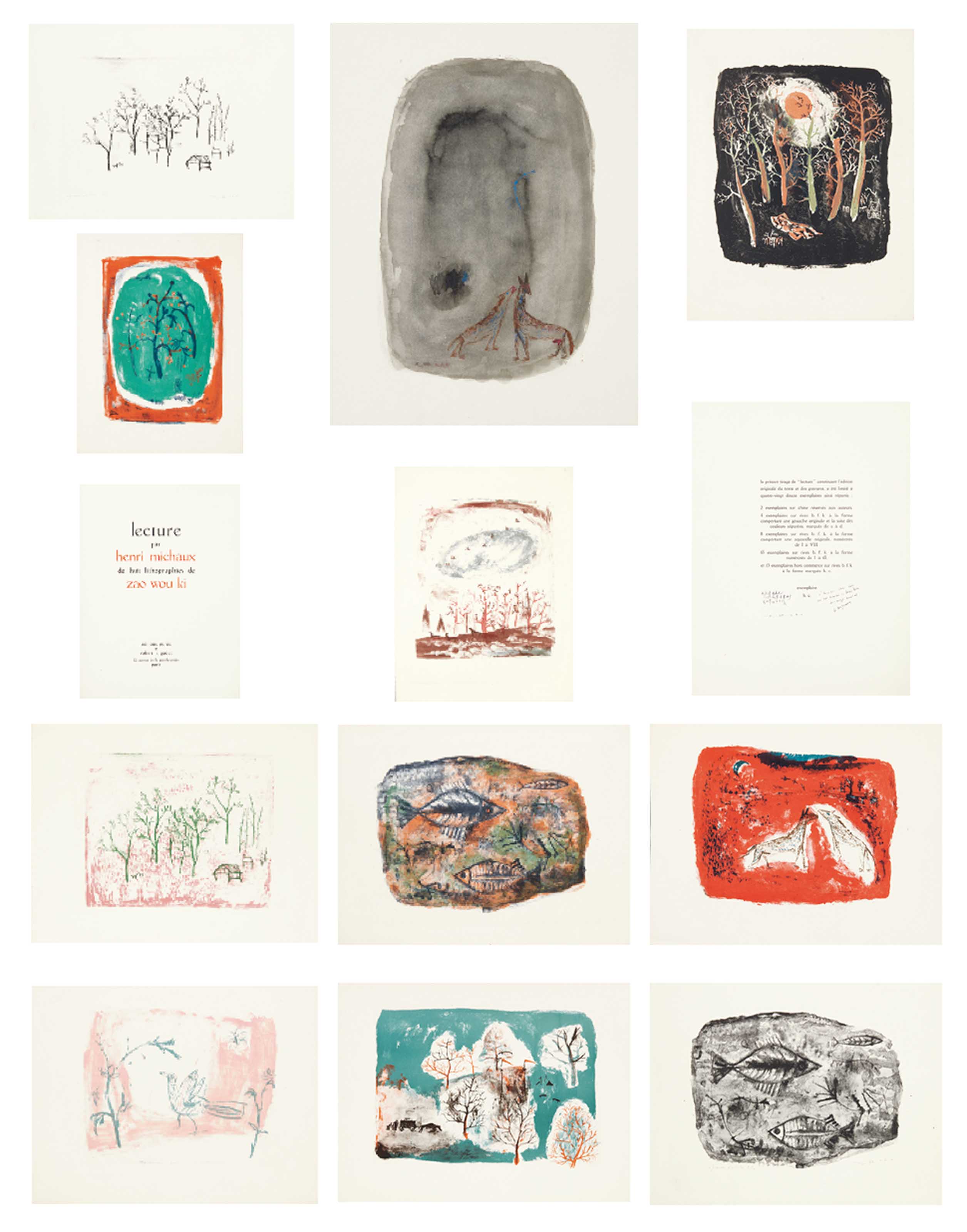 An Original Watercolour on Paper and Two Black and White Lithographs accompanying a Set of Lecture par Henri Michaux de Huit Lithographies de Zao Wou-Ki