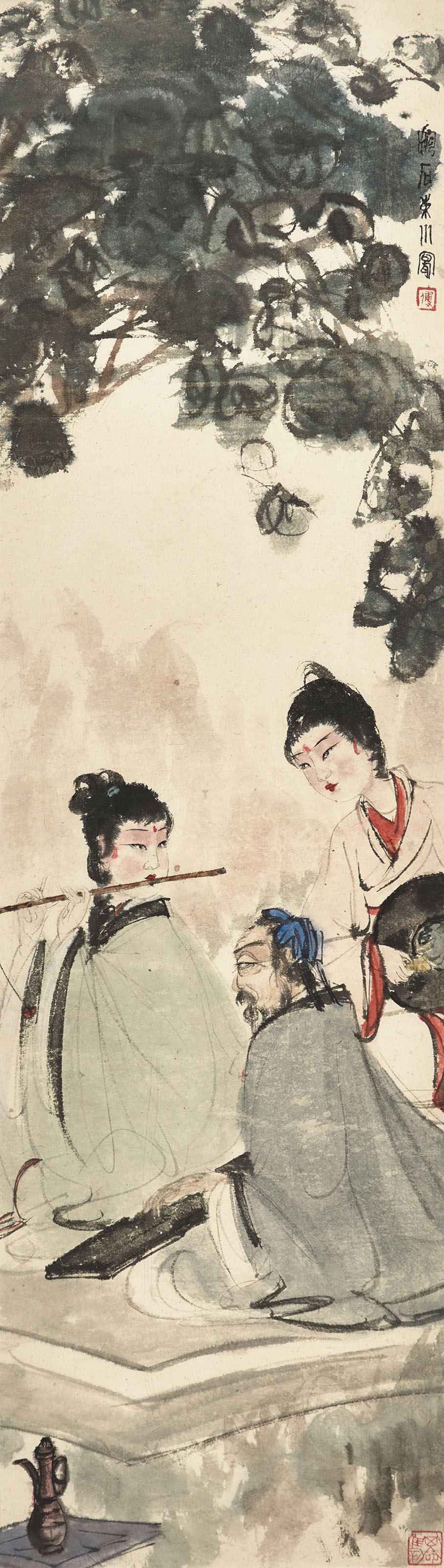 Fu Baoshi (1904-1965), Playing Flute in Dongshan. 103.3 x 29  cm (40⅝ x 11⅜  in). Estimate: HK$26,000,000-35,000,000. Offered in Fine Chinese Modern Paintings on 29 May at Christie&rsquo;s in Hong Kong