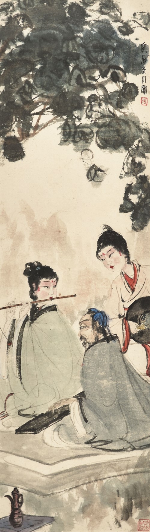傅抱石《東山絲竹
》，設色紙本 鏡框，103.3 x 29 公分(40 5/8 x 11 3/8 吋) 。估價: 26,000,000 - 35,000,000港元。佳士得香港於5月29日舉行的中國近現代畫拍賣中呈獻此作品。