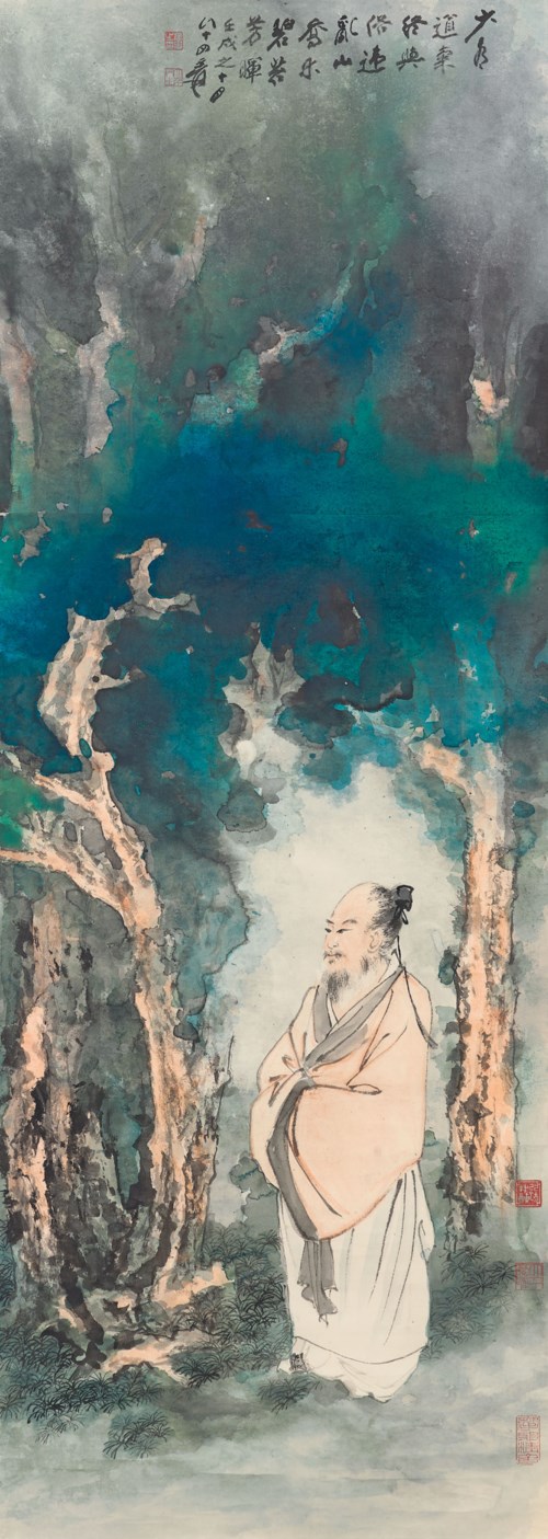張大千《喬木芳暉》，設色紙本 鏡框 ，一九八二年作
，177 x 61 公分 (69 5/8 x 24 吋)。估價：18,000,000-26,000,000港元。佳士得香港於5月29日舉行的中國近現代畫拍賣中呈獻此作品。
