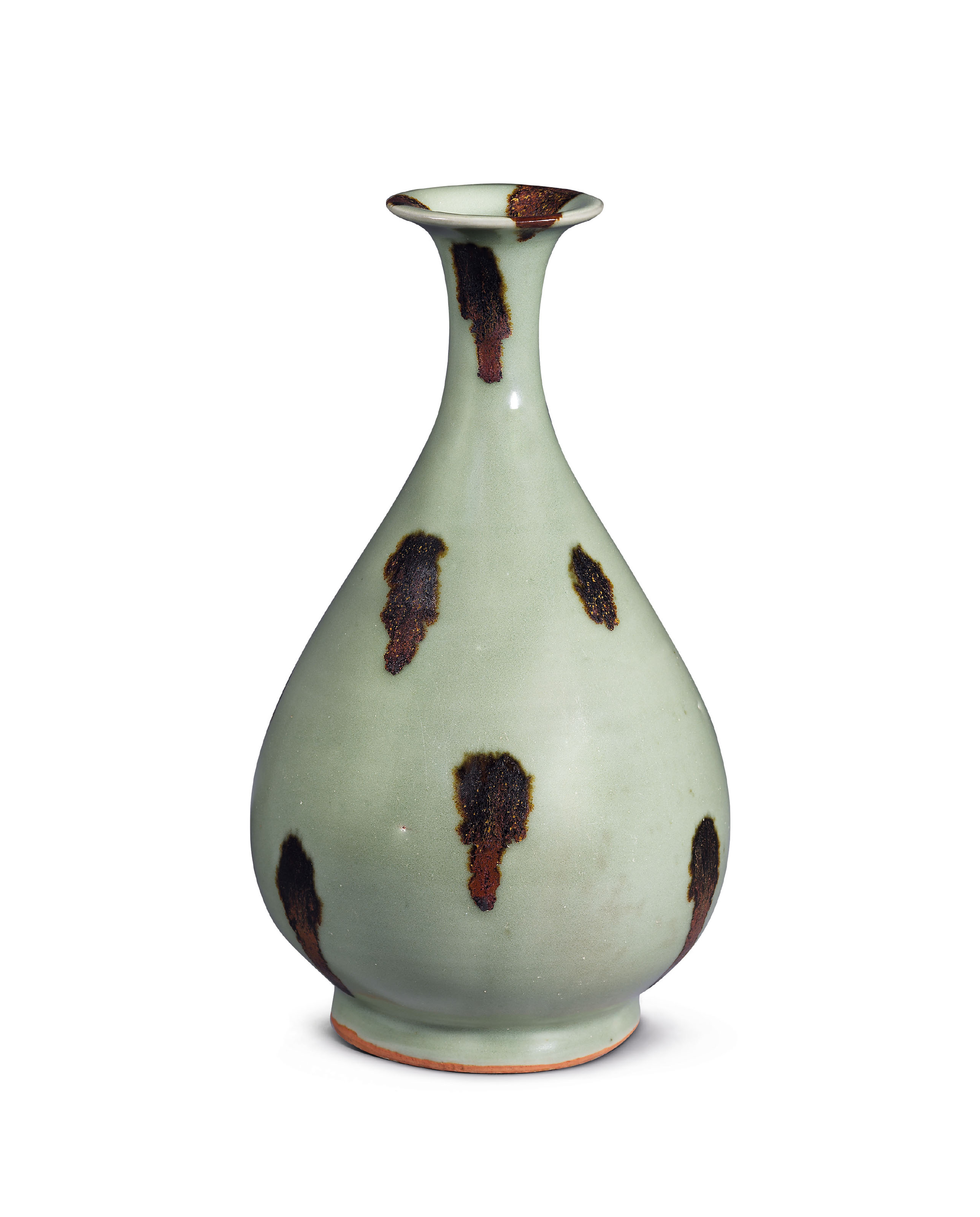 A very rare Longquan celadon russet-splashed vase, Yuhuchunping, Yuan dynasty (1279-1368). 9⅞  in (25  cm) high, box. Estimate HK$2,000,000-3,000,000. Offered in Important Chinese Ceramics and Works of Art on 28 November 2018 at Christie&rsquo;s in Hong Kong