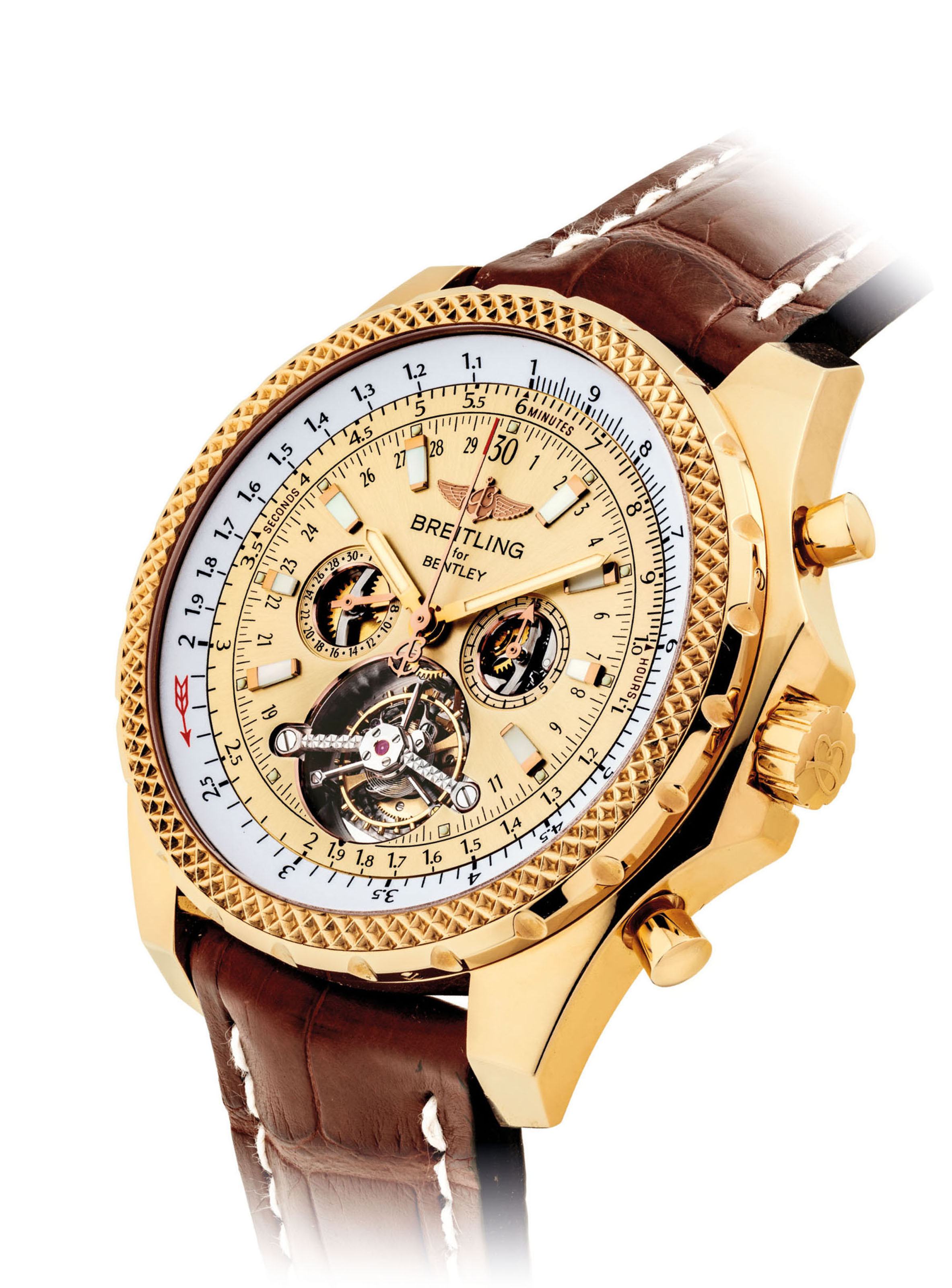 BREITLING. A FINE 18K GOLD TOURBILLON CHRONOGRAPH WRISTWATCH WITH DATE