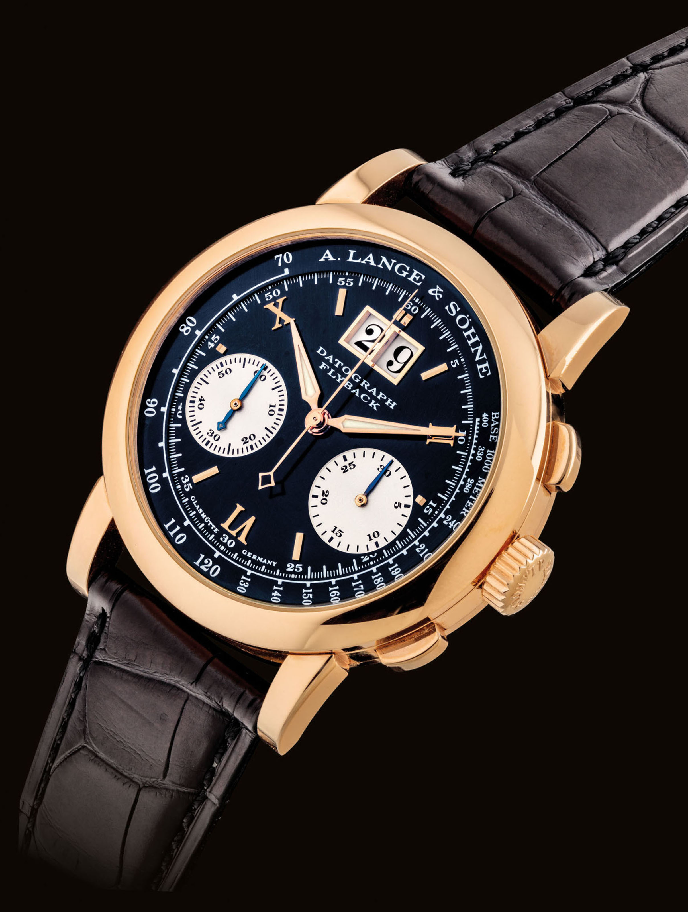 A Lange Sohne A Fine 18k Pink Gold Flyback Chronograph Wristwatch With Oversized Date