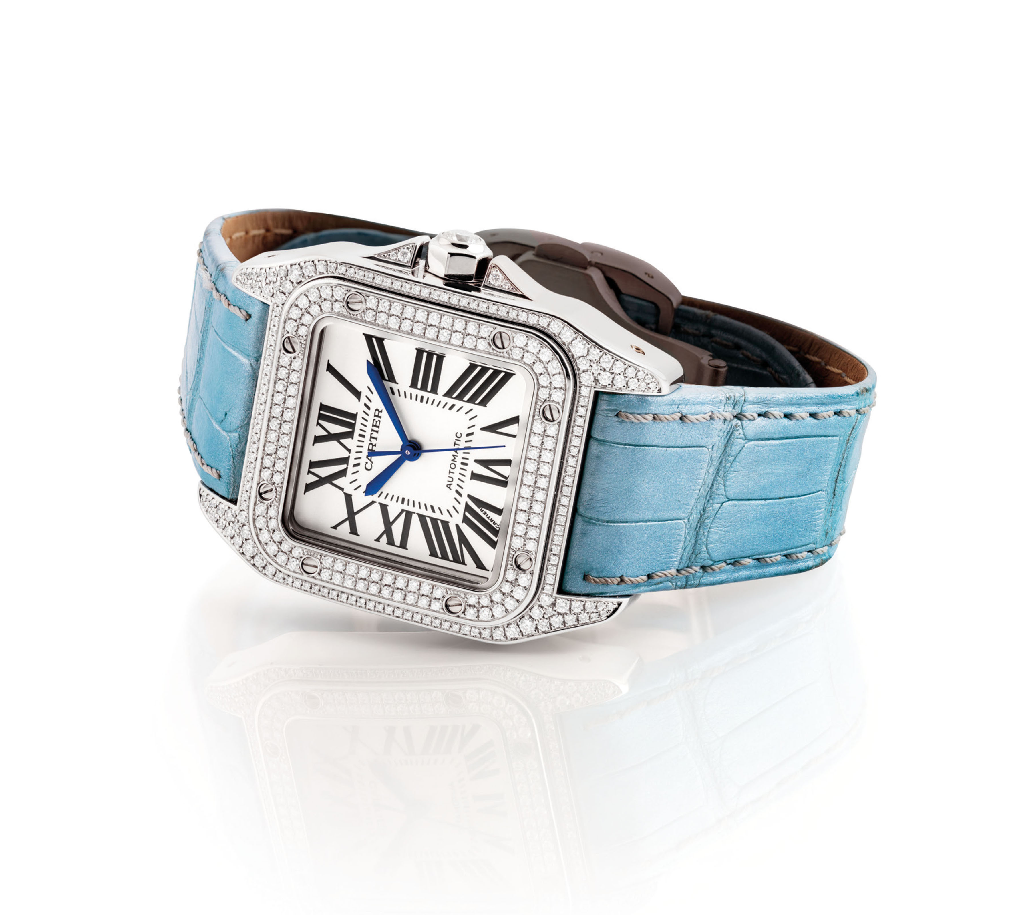 Cartier A Lady S Fine 18k White Gold And Diamond Set Square Automatic Wristwatch With Sweep Centre Seconds Signed Cartier Santos 100 Model Ref 2881 Case No 86802mx Circa 2010 2000s Self Winding Automatic Christie S