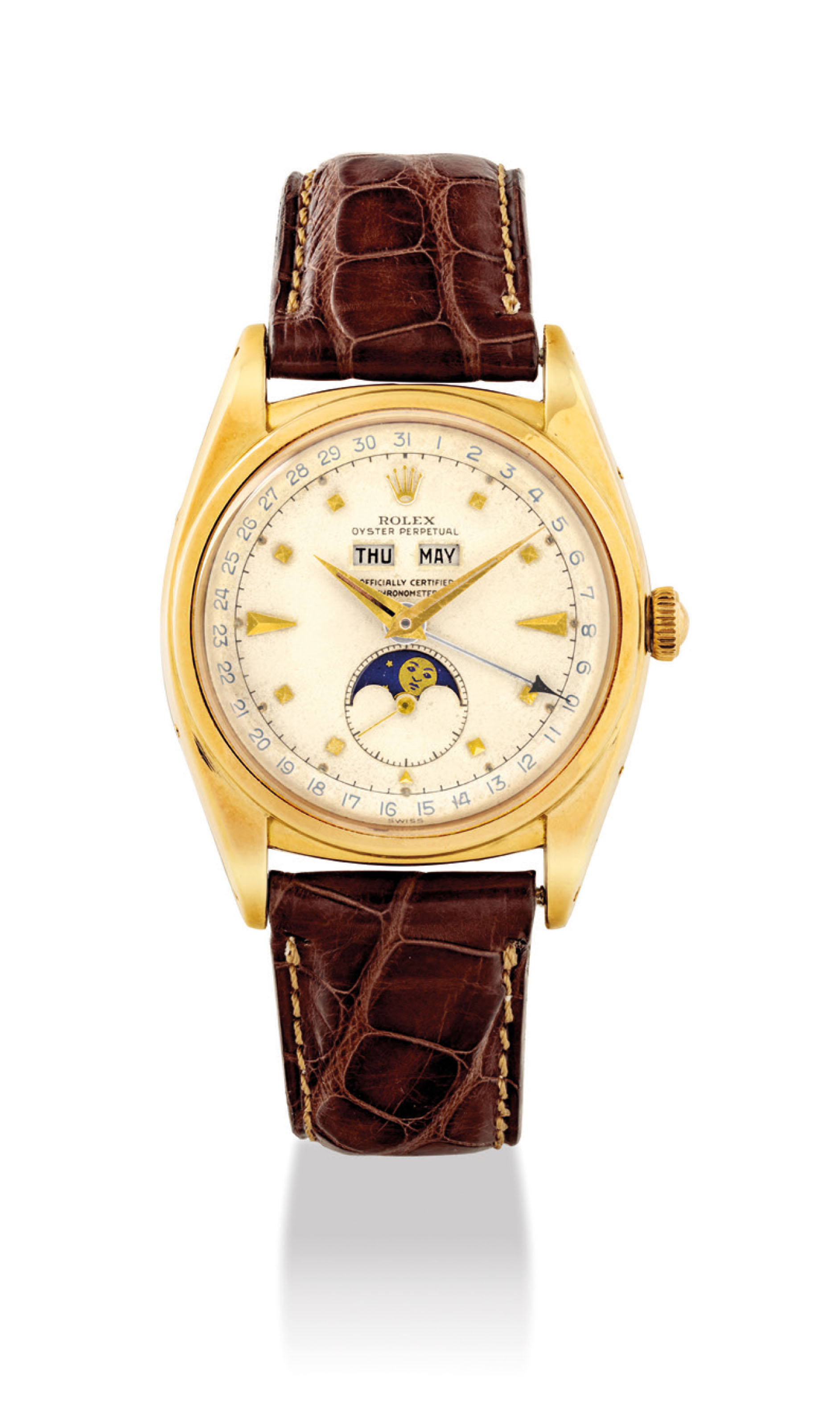 ROLEX A VERY RARE AND ATTRACTIVE 18K GOLD AUTOMATIC TRIPLE CALENDAR