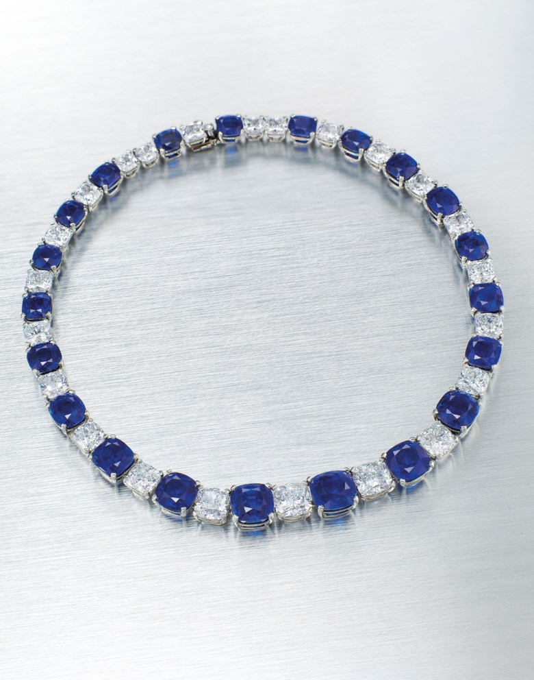 Superb sapphire and diamond necklace. The total weight of the certified sapphires 109.08 carats. The total weight of the certified diamonds 50.63 carats. Sold for HK$116,537,500 on 27 November 2018 at Christie’s in Hong Kong