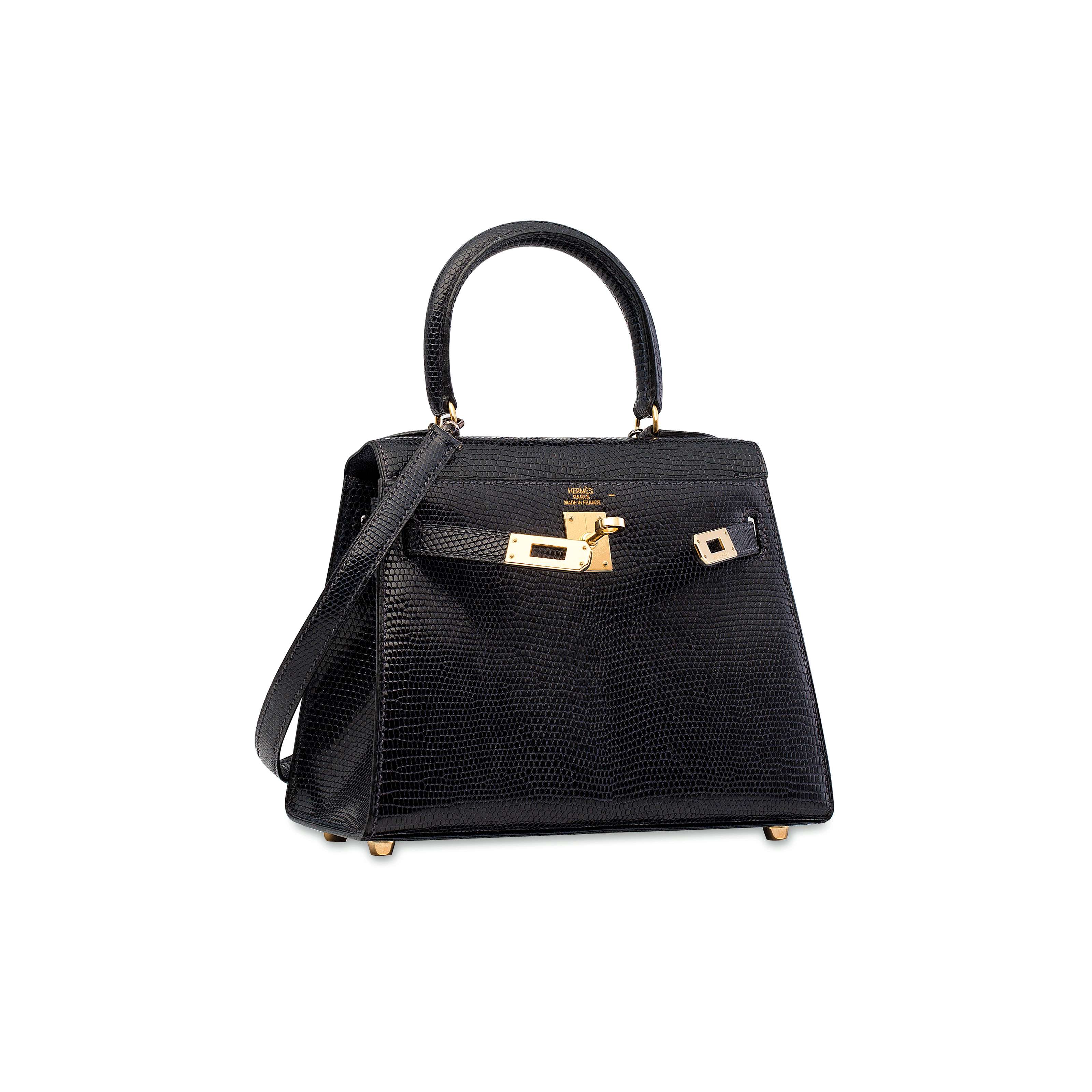 A SHINY BLACK LIZARD MINI KELLY 20 WITH GOLD HARDWARE HERM S