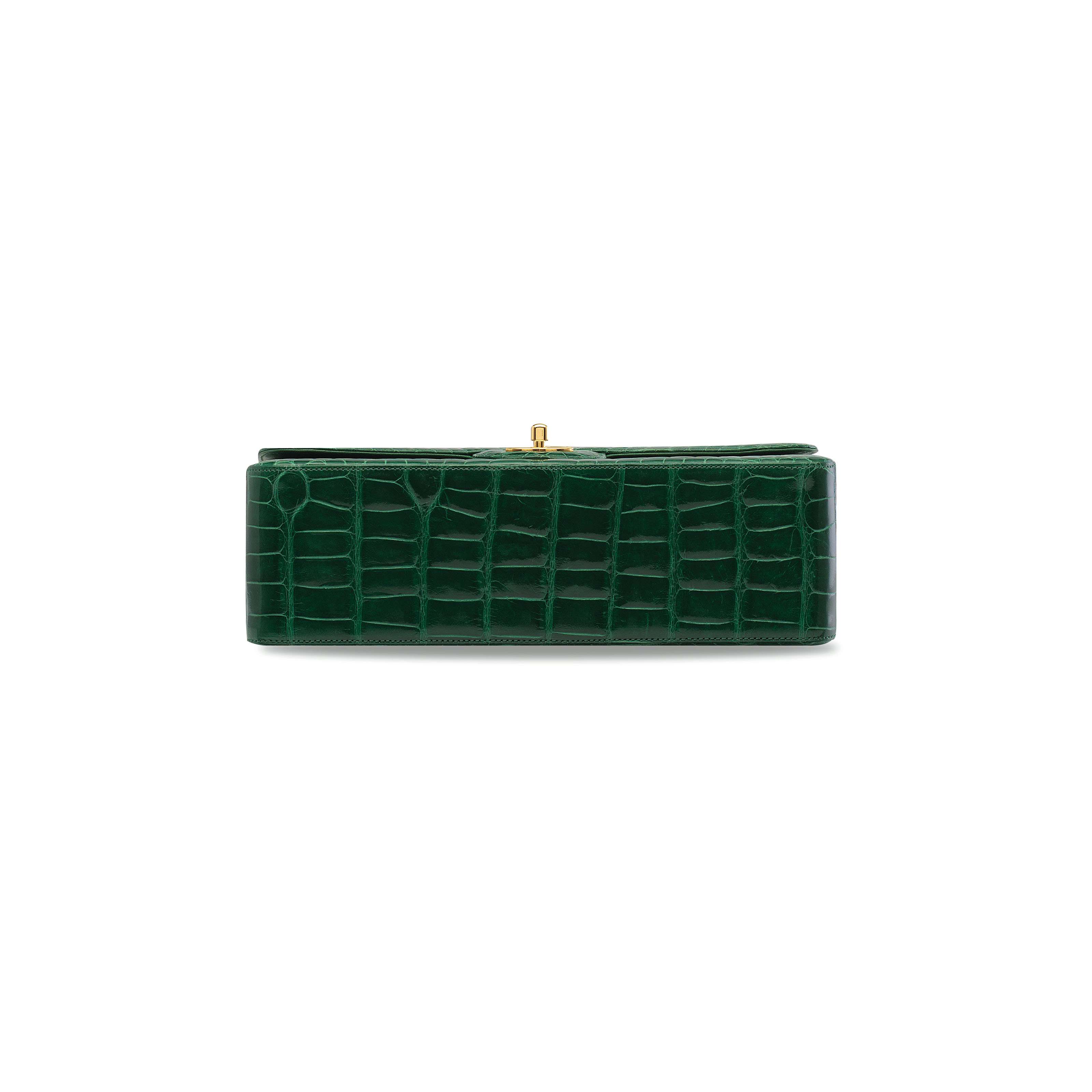 A SHINY EMERALD GREEN ALLIGATOR JUMBO DOUBLE FLAP WITH GOLD