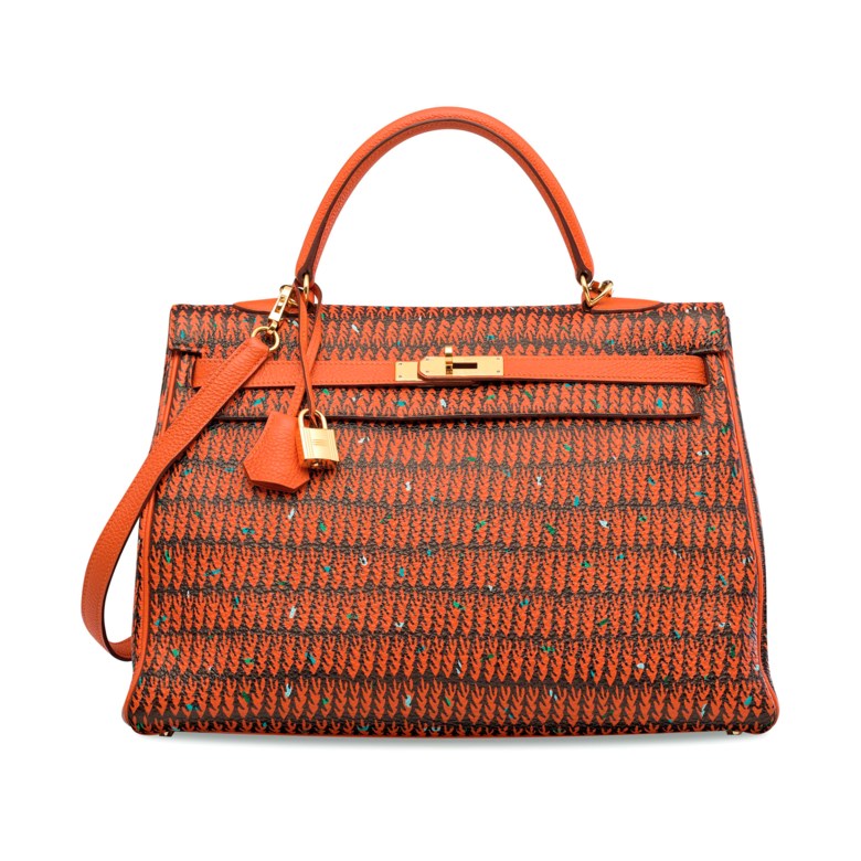 An orange ‘H’ Togo leather retourné Kelly 35 with gold hardware, painted by Yohei Yama, 2017, Hermès, 2010 (painted in 2017). Dimensions 35 w x 25 h x 13 d cm. Sold for HK$81,250 on 30 May 2018 at Christie’s in Hong Kong
