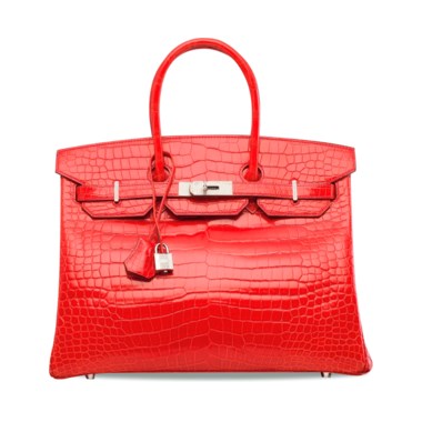An exceptional, shiny géranium porosus crocodile diamond Birkin 35 with 18k white gold & diamond hardware, Hermès, 2014. 35 w x 25 h x 18 d cm. Estimate HK$800,000-1,000,000. Offered in Handbags & Accessories  on 30 May at Christie’s in Hong Kong
One of the most exclusive bags you’ll ever lay eyes on, this Birkin elevates its regal construction with diamonds.