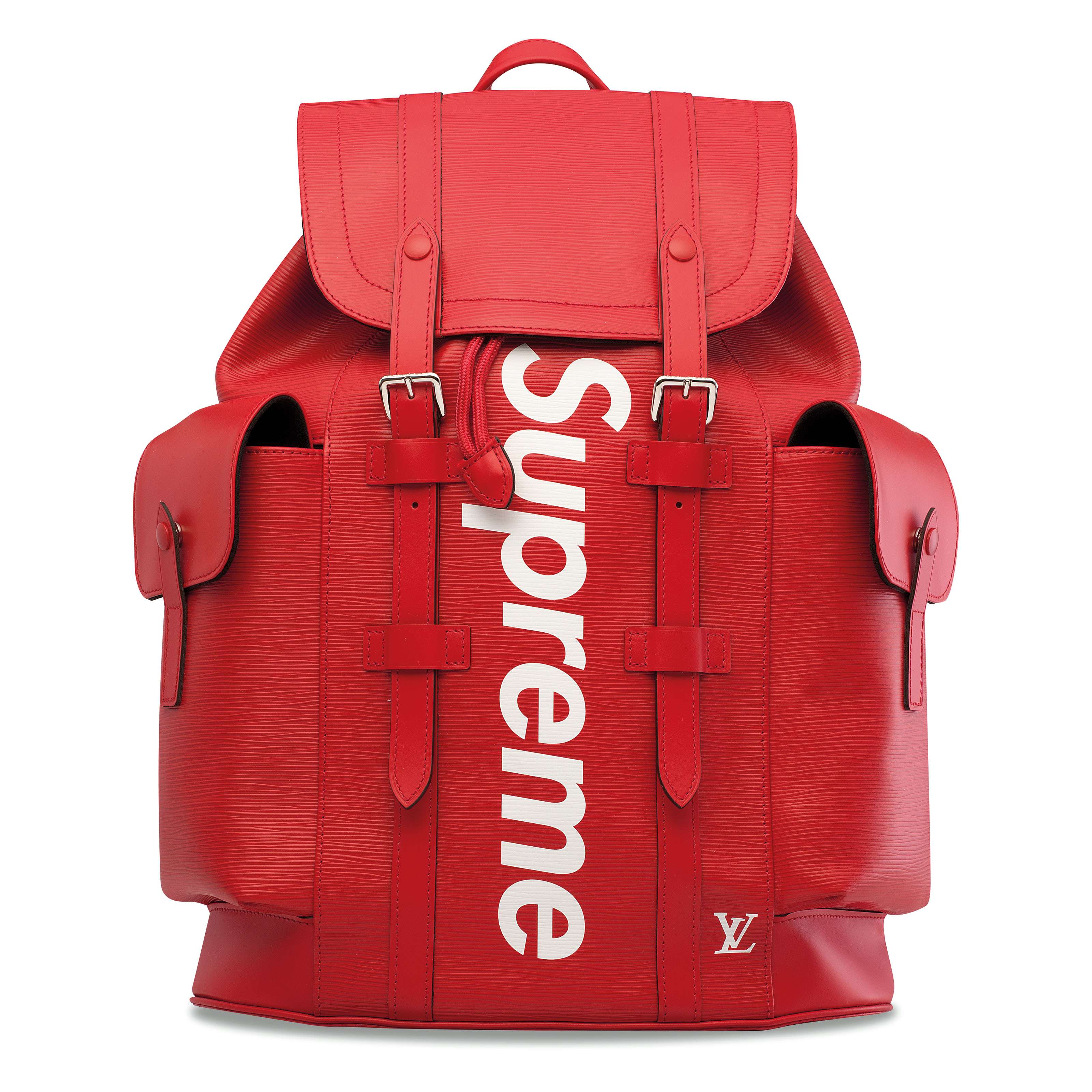 A LIMITED EDITION RED & WHITE EPI LEATHER CHRISTOPHER BACKPACK WITH SILVER HARDWARE BY SUPREME ...