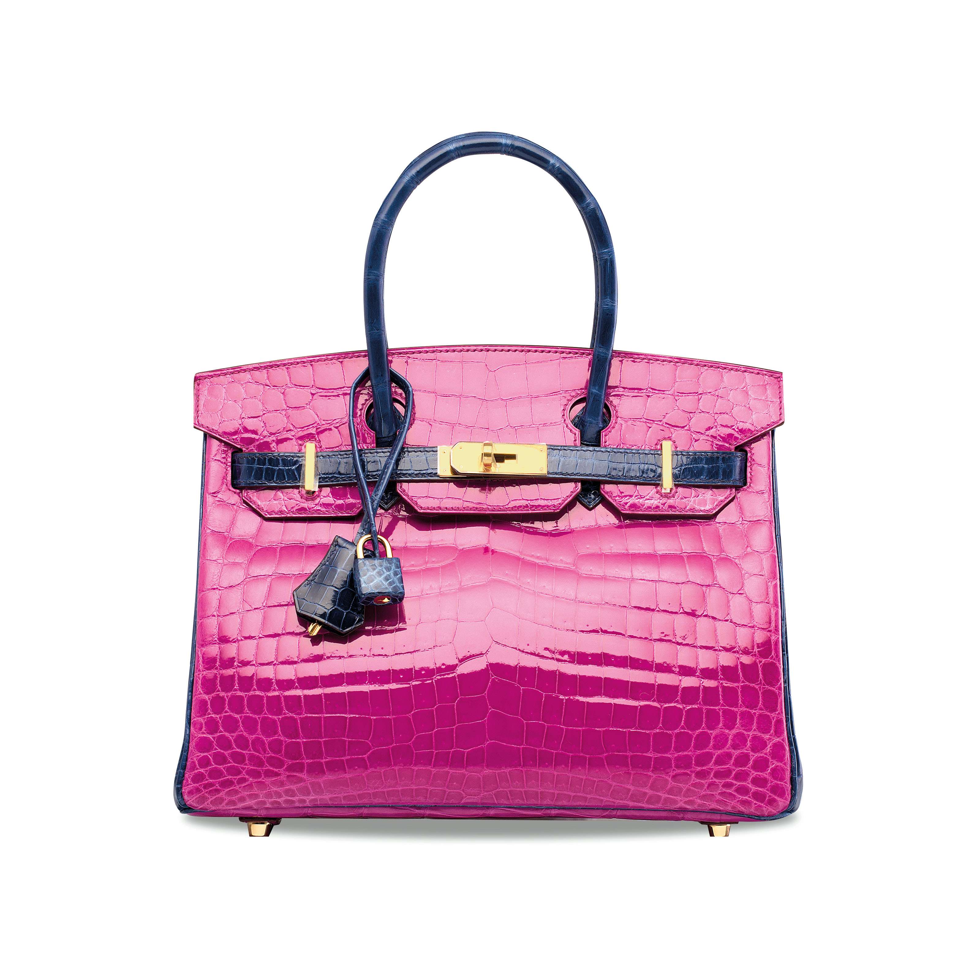 A custom shiny rose sch&eacute;h&eacute;razade &amp; bleu saphir niloticus crocodile Birkin 30 with gold hardware, Herm&egrave;s, 2016. Width 30 cm, height 22 cm, depth 15 cm. Sold for HK$850,000 on 30 May 2018 at Christie&rsquo;s in Hong Kong