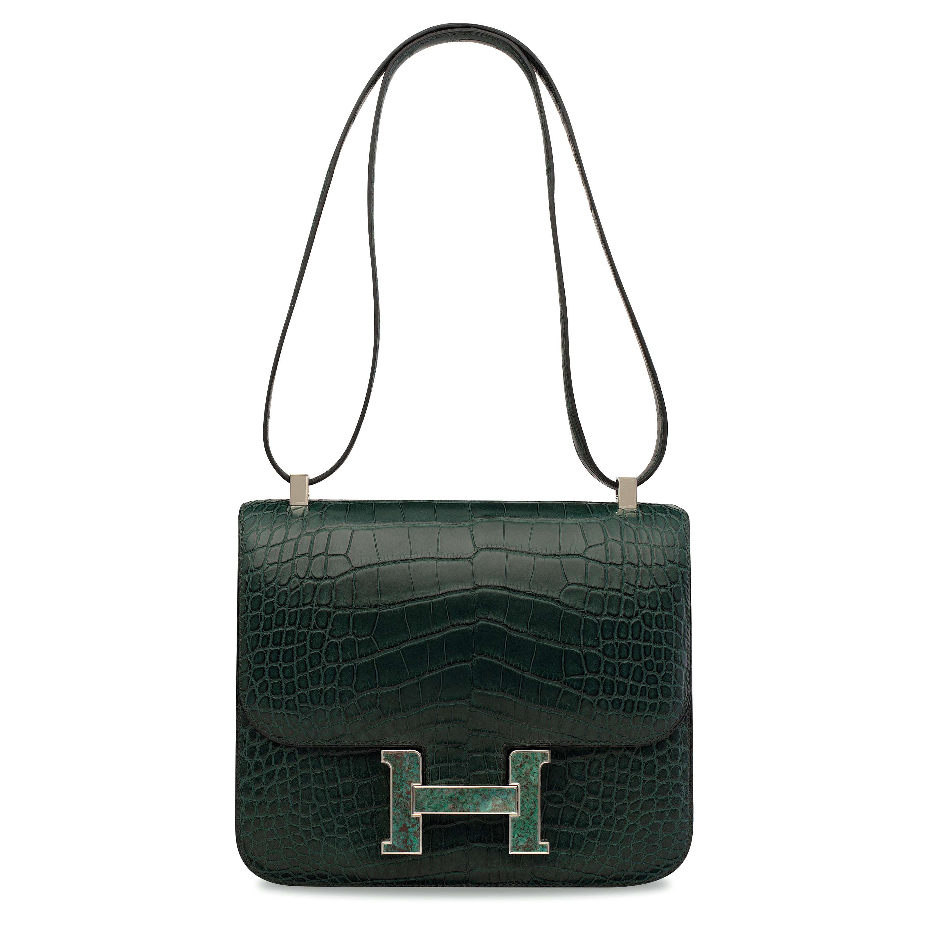 A LIMITED EDITION MATTE VERT TITIEN ALLIGATOR CONSTANCE 24 WITH A TURQUOISE MARBLE CLASP