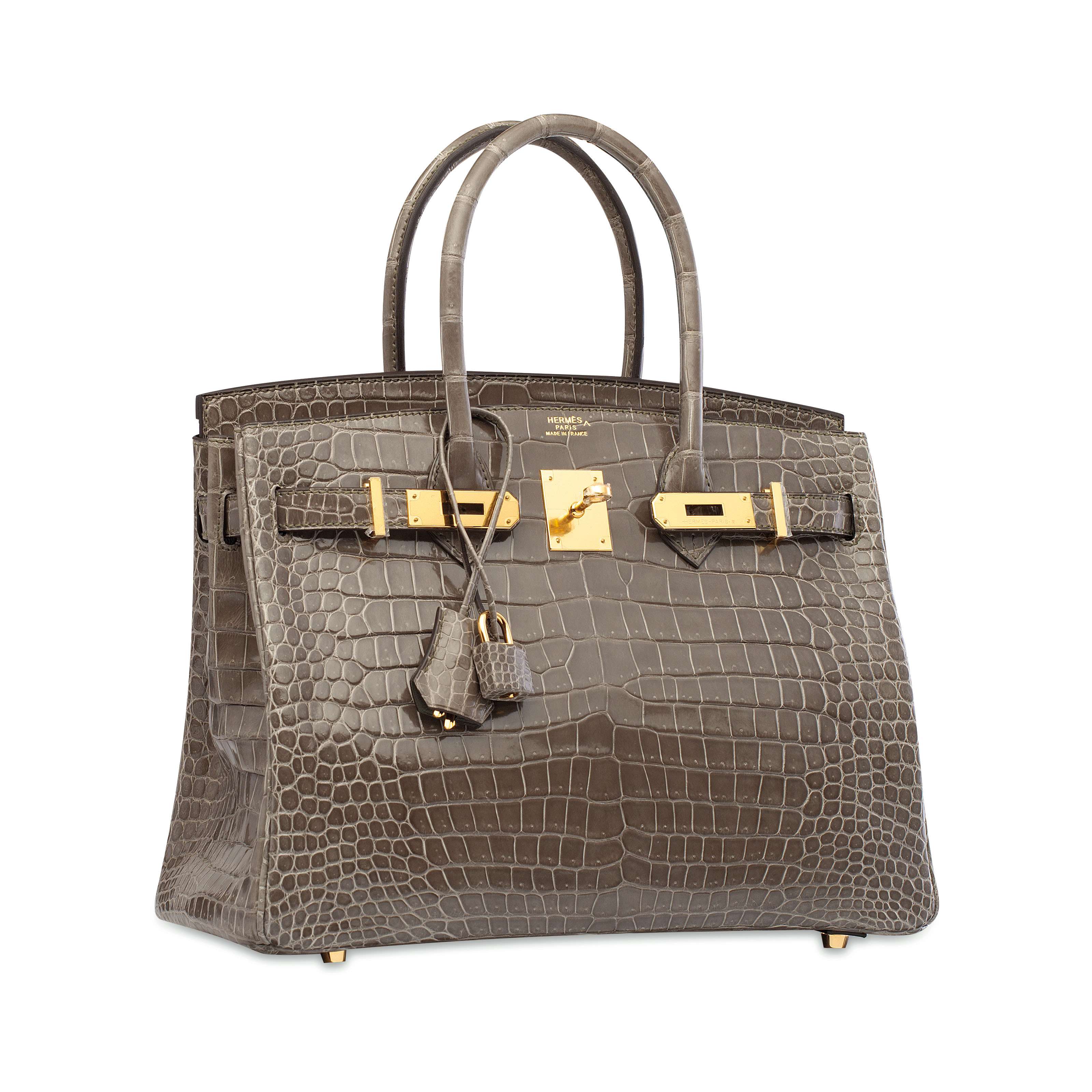 A SHINY GRIS TOURTERELLE POROSUS CROCODILE BIRKIN 30 WITH GOLD
