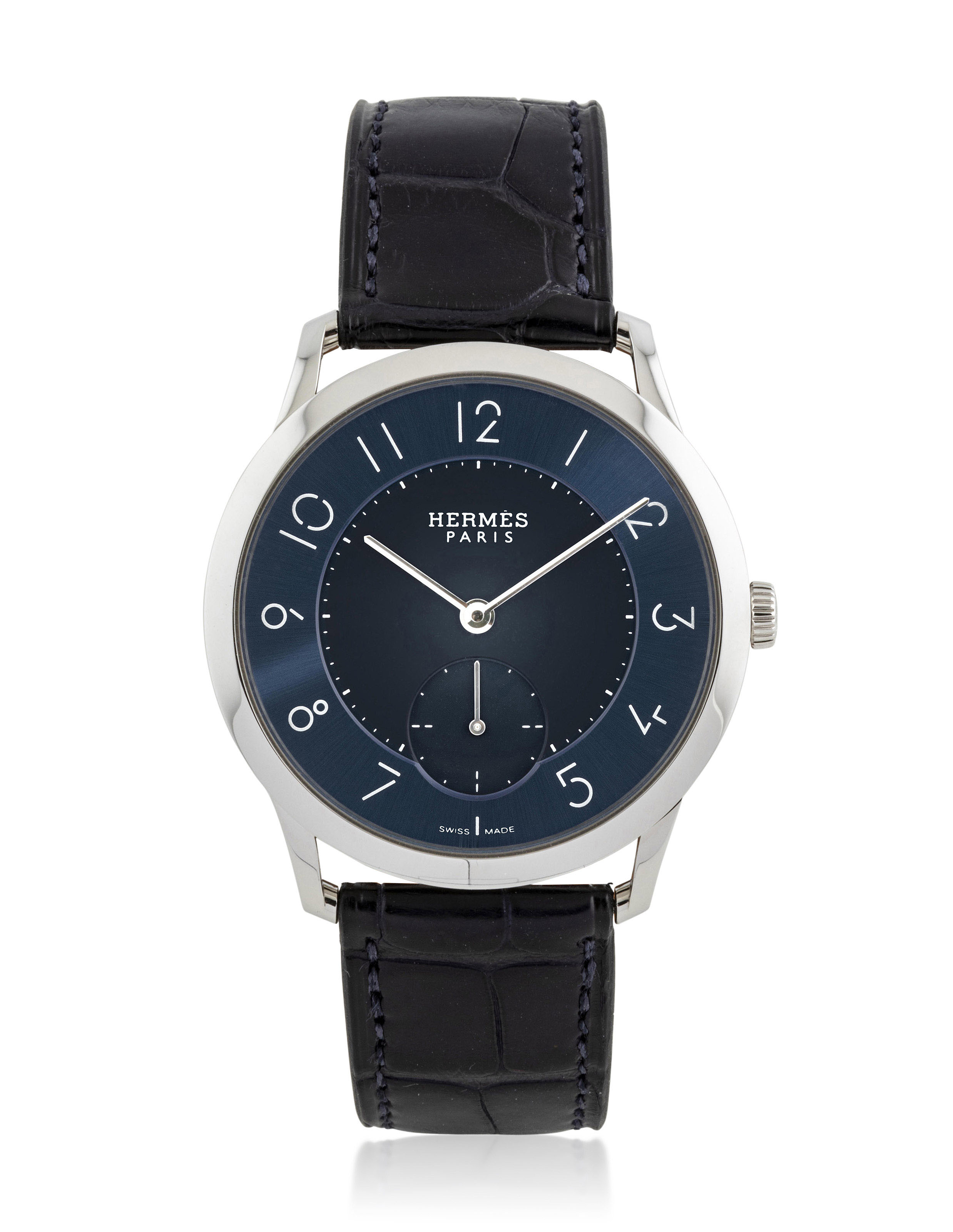 HERMÈS, STAINLESS STEEL SLIM D'HERMES LARGE WITH BLUE DIAL