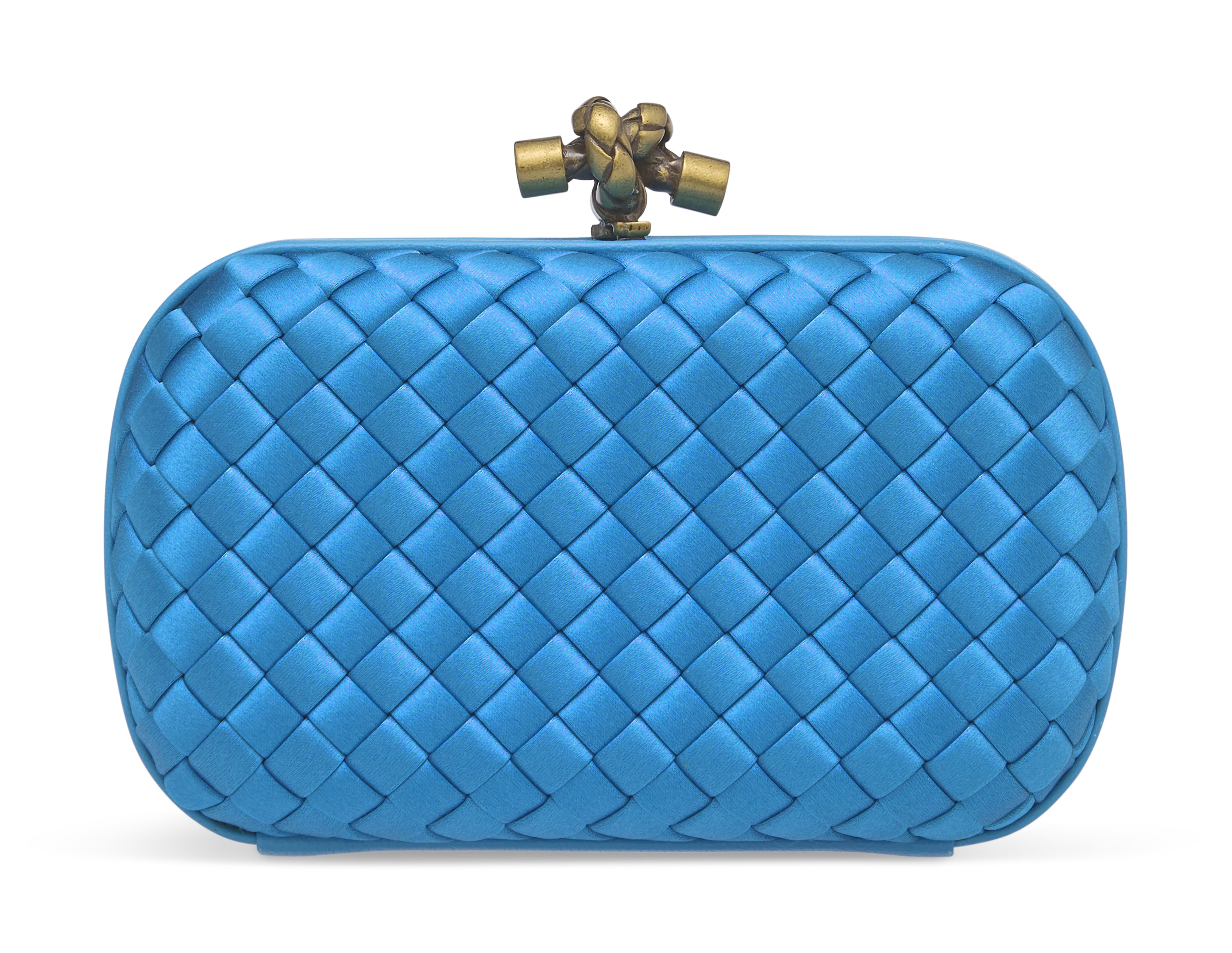 AN AQUA SILK & LEATHER INTRECCIATO KNOT CLUTCH, BOTTEGA VENETA