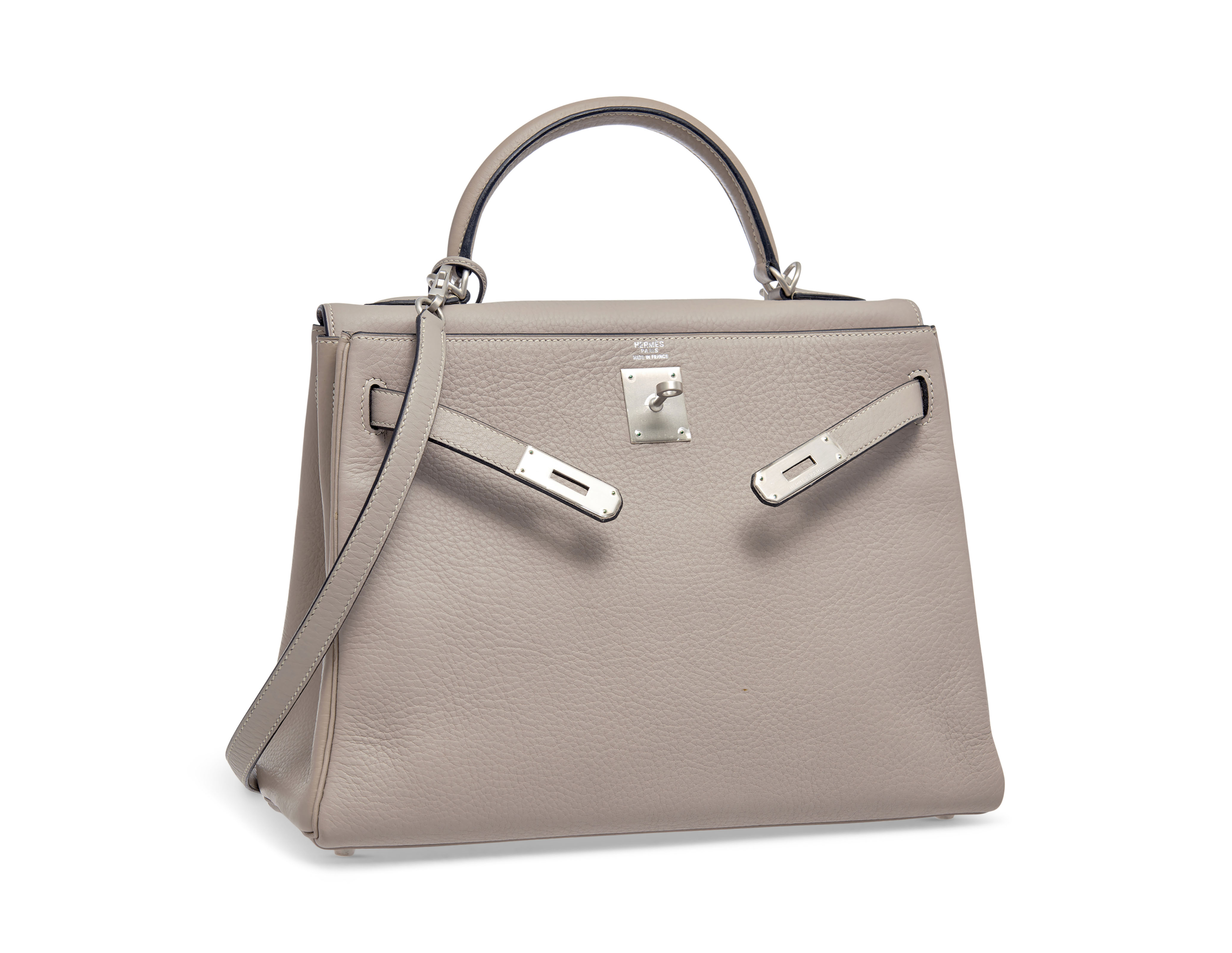 A GRIS TOURTERELLE CLÉMENCE LEATHER RETOURNÉ KELLY 32 WITH BRUSHED