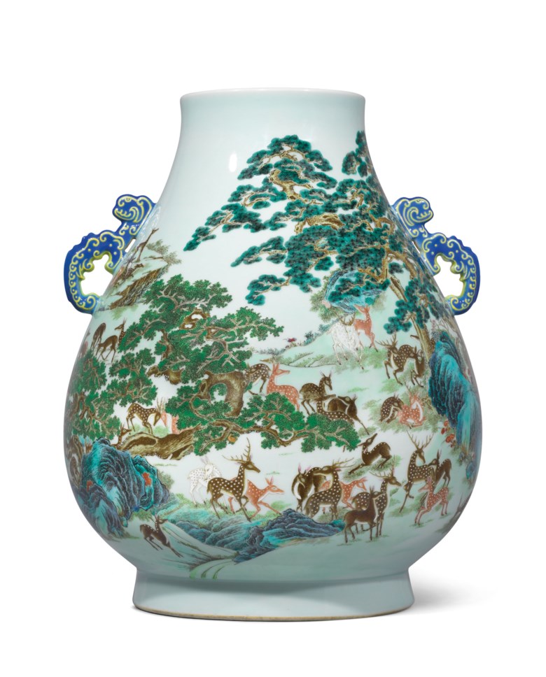 A magnificent and exceptionally rare Yangcai ‘Hundred Deer’ blue-handled vase, hu, Qianlong six-character seal mark in underglaze blue and of the period (1736-1795). 17½  in (44.5  cm) high, box. Sold for HK$45,100,000 on 28 November 2018 at Christie’s in Hong Kong