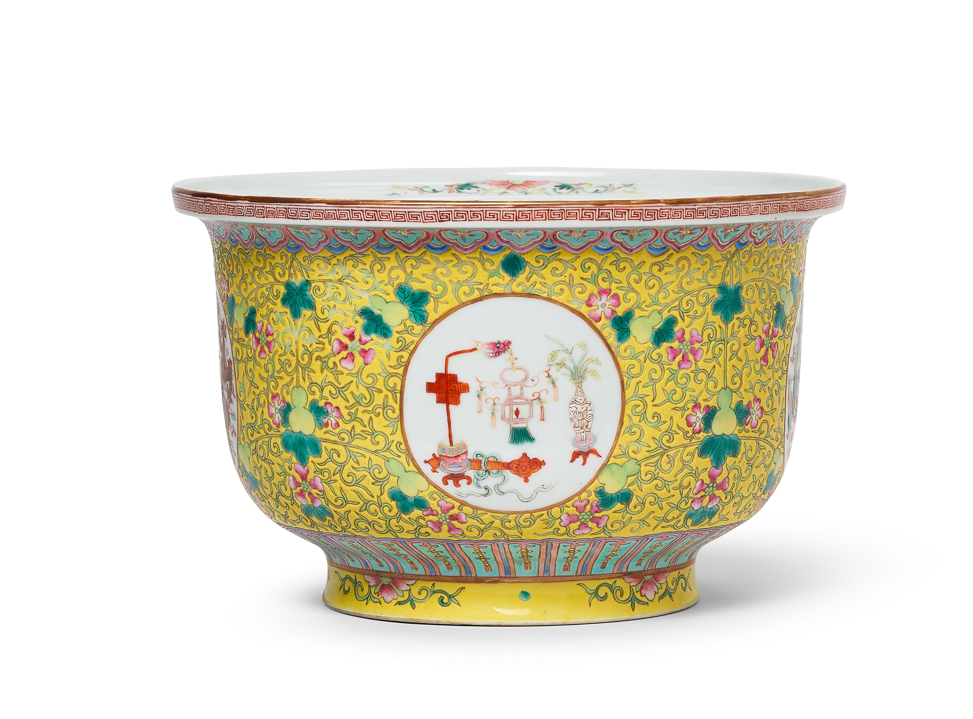 民国松石绿地墨彩藤萝月季花鸟纹花口盌一对矾红方框「永庆长春」楷书款