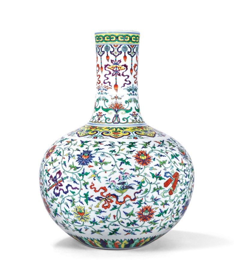 A fine magnificent and extremely rare doucai and famille rose ‘Anbaxian’ vase, tianqiuping, Qianlong six-character seal mark in underglaze blue and of the period (1736-1795). Sold for HK$130,600,000 on 30 May 2018 at Christie’s in Hong Kong