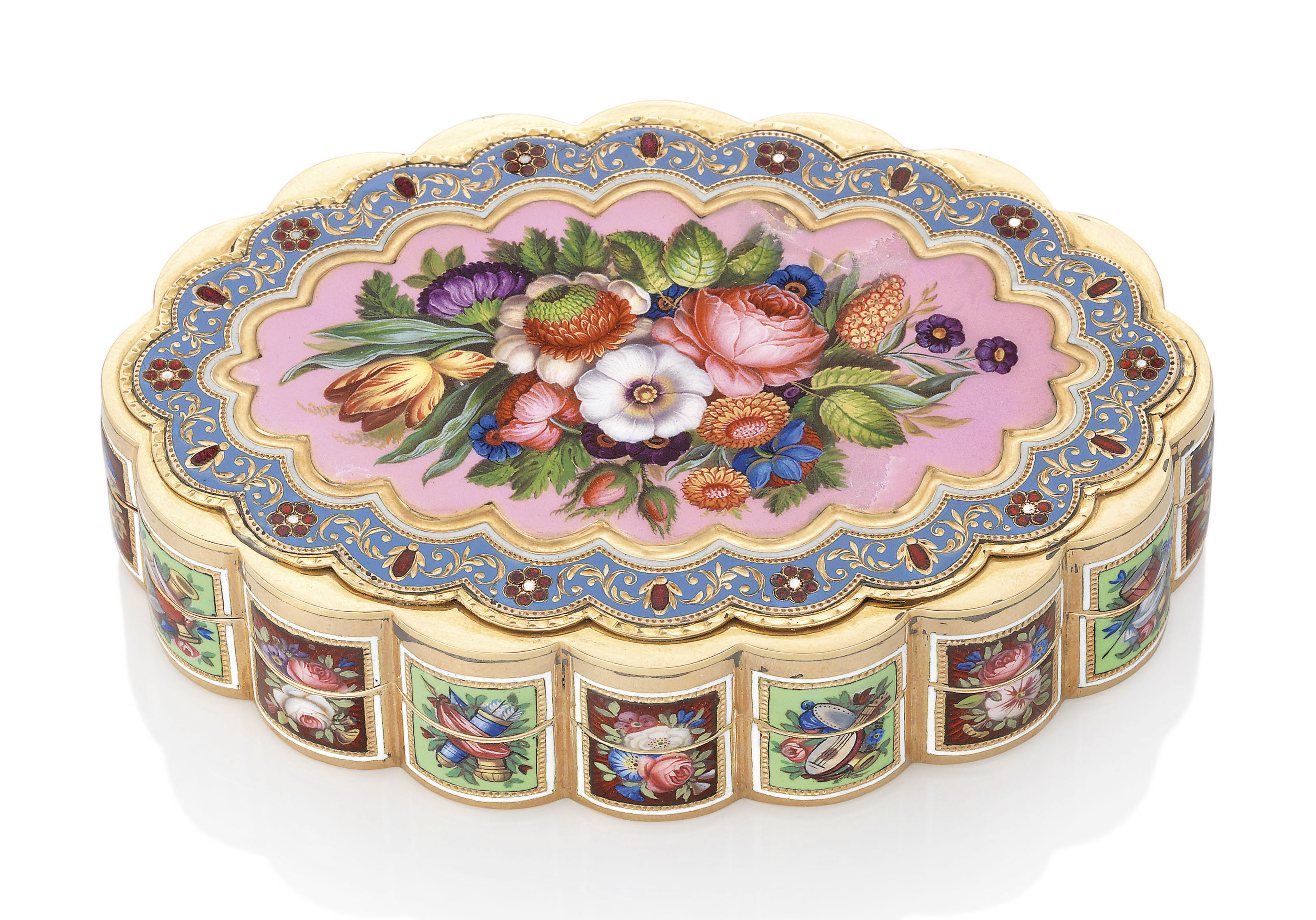 A SWISS JEWELLED ENAMELLED MUSICAL GOLD SNUFF-BOX WITH AUTOMATON