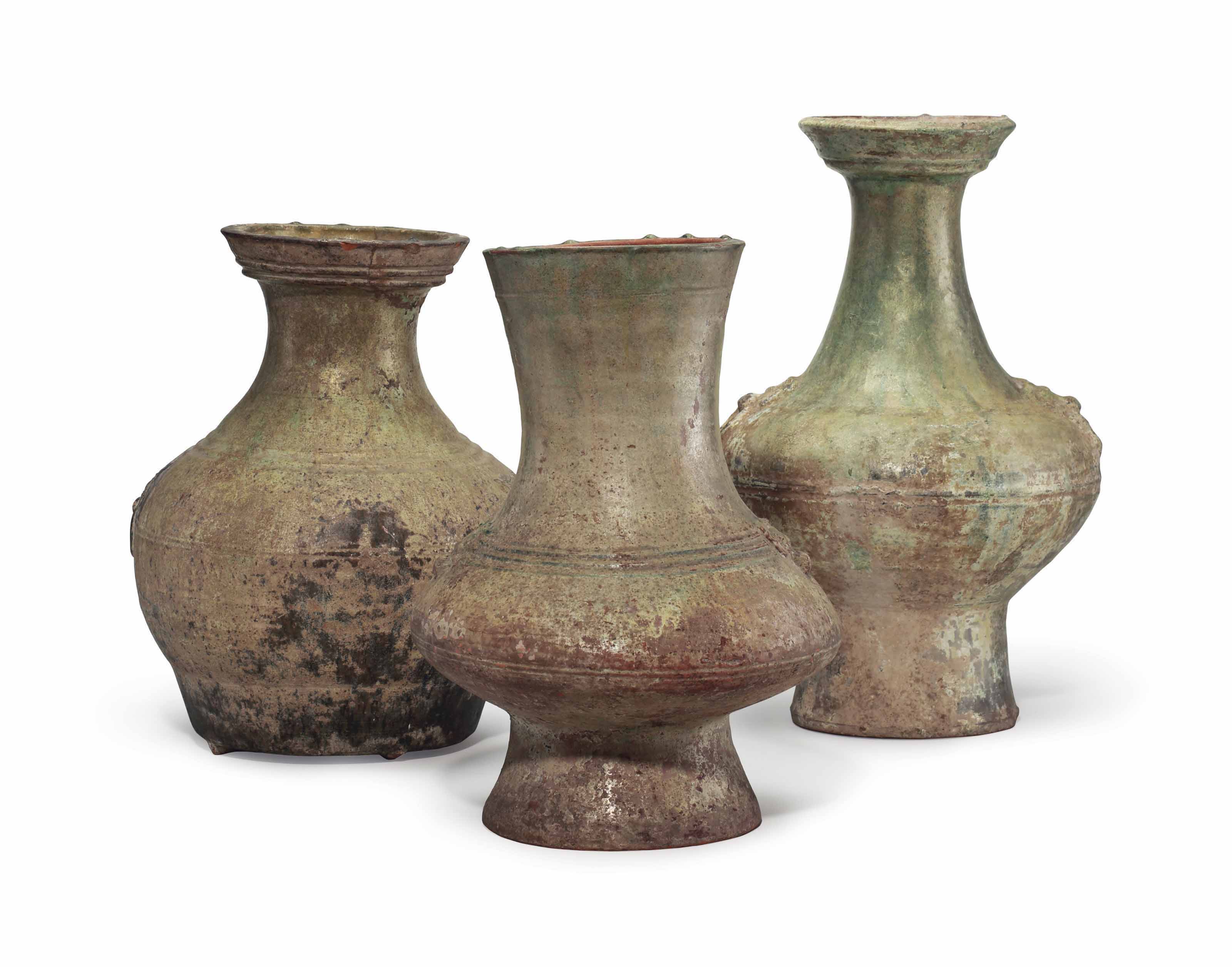THREE CHINESE GREENGLAZED POTTERY VASES, HU , HAN DYNASTY (206 BC AD