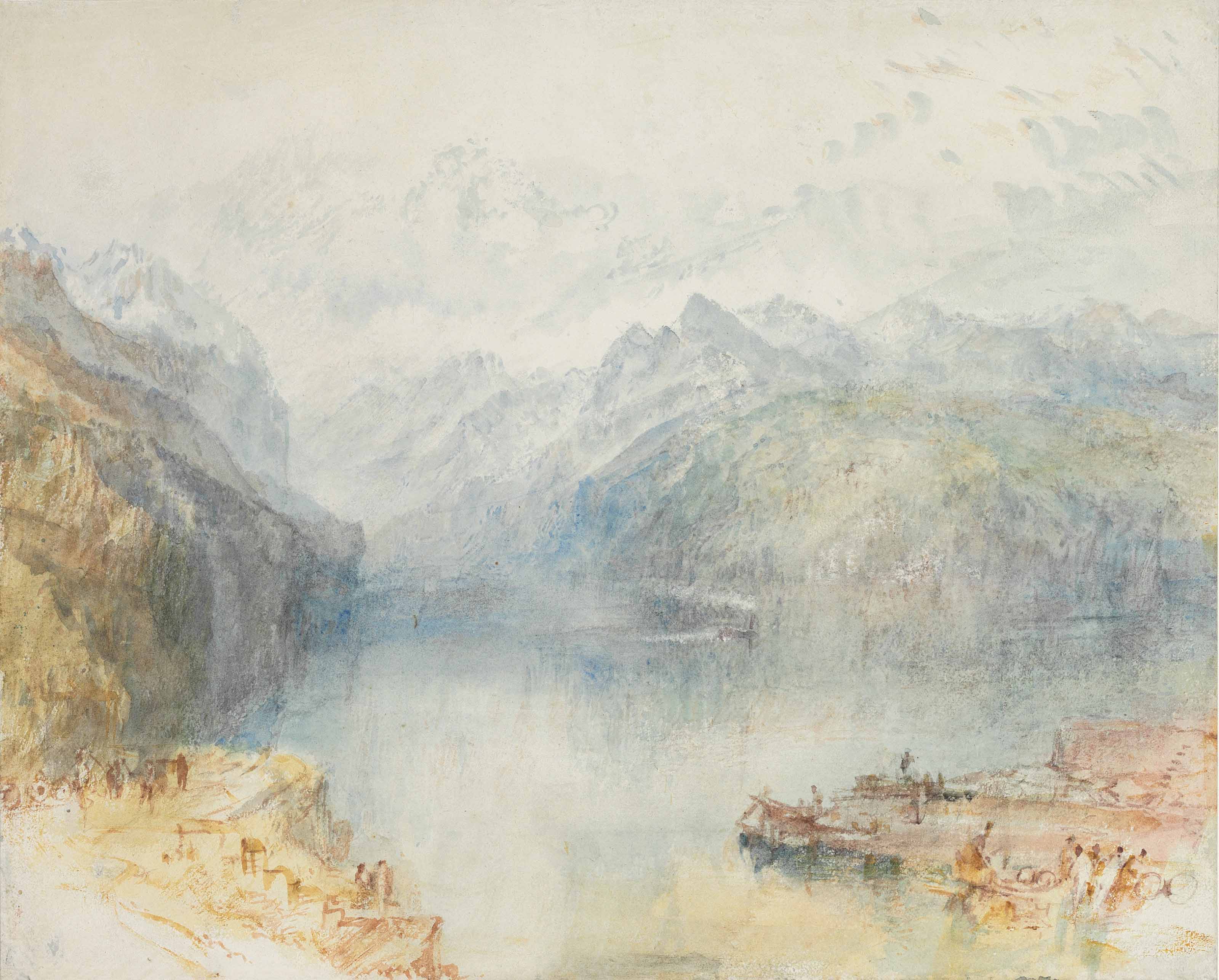 威廉‧透納 R.A. (1775-1851)，《從布倫嫩眺望有一艘汽船的琉森湖》。9&frac34; x 12⅛吋（24.8 x 30.8公分）。2018年1月30日於佳士得紐約售出，成交價1,092,500美元
