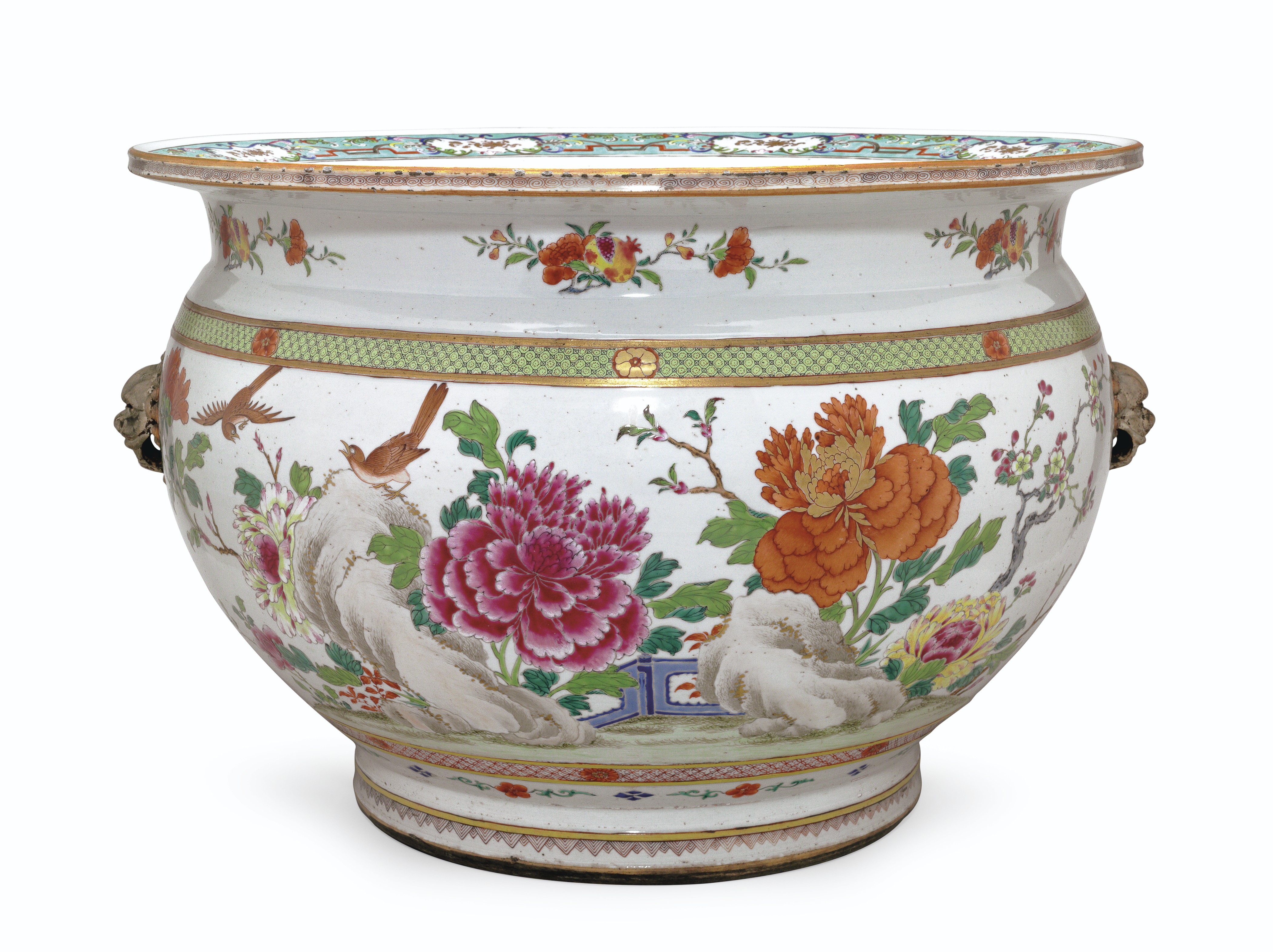 A famille rose fish bowl, Qianlong period, circa 1740. 23½  in (59.7  cm) diameter, 16½  in (41.9  cm) high. Estimate: $20,000-30,000. This lot is offered in Chinese Export Art Featuring 100 lots from Marchant, est 1925 on 18 January 2018  at Christie’s in New York