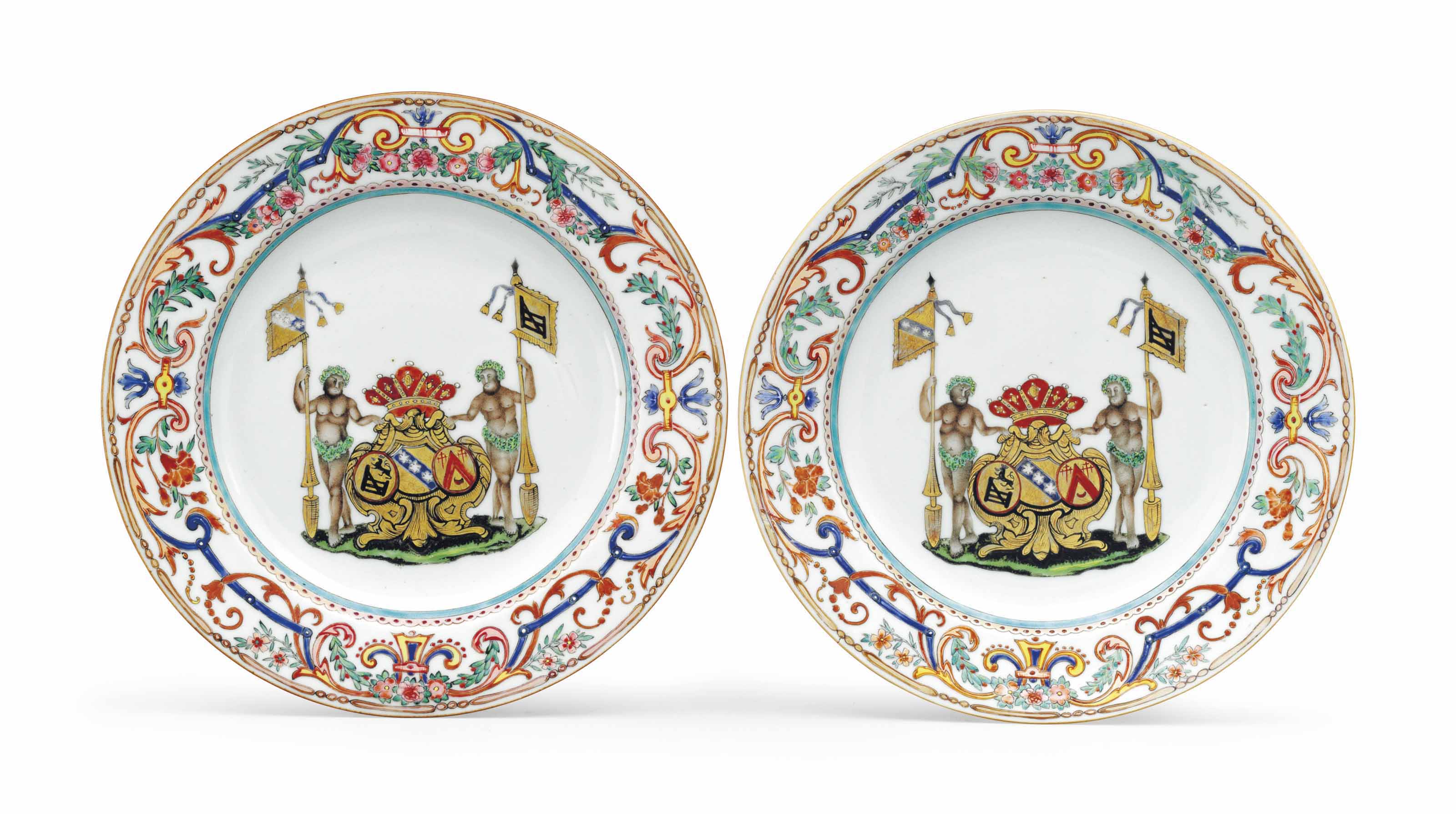 A LARGE PAIR OF BELGIAN MARKET ARMORIAL PLATES , YONGZHENG PERIOD