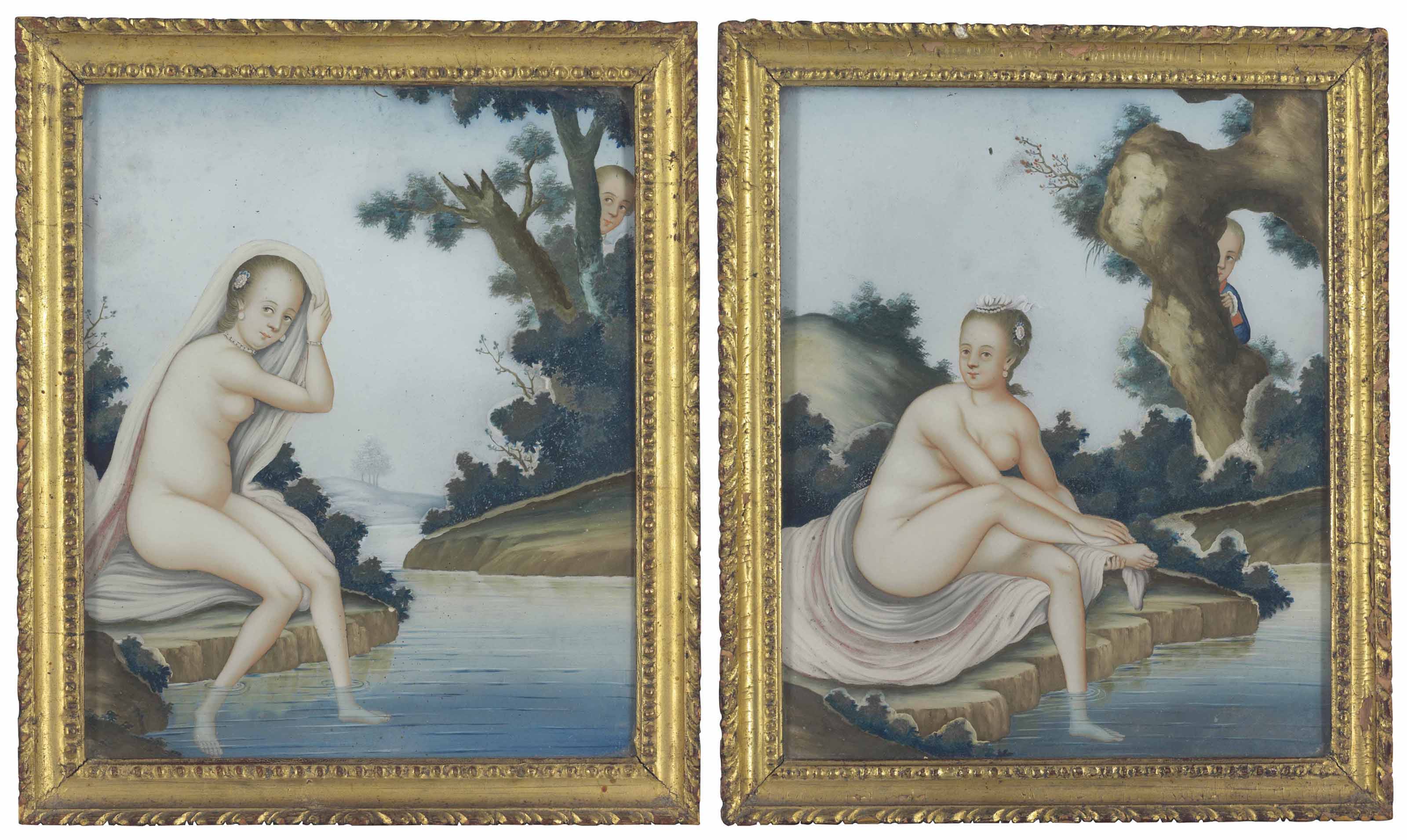 A Pair Of Peeping Tom Reverse Painted Glass Pictures Qianlong