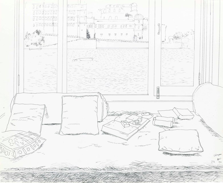 David Hockney (b. 1937), View of Lake Palace Hotel, Udaipur, drawn in 1977. 14 x 17  in (35.6 x 43.2  cm). Estimate $20,000-30,000. This lot is offered in Post-War and Contemporary Art on 1 March 2018  at Christie’s in New York