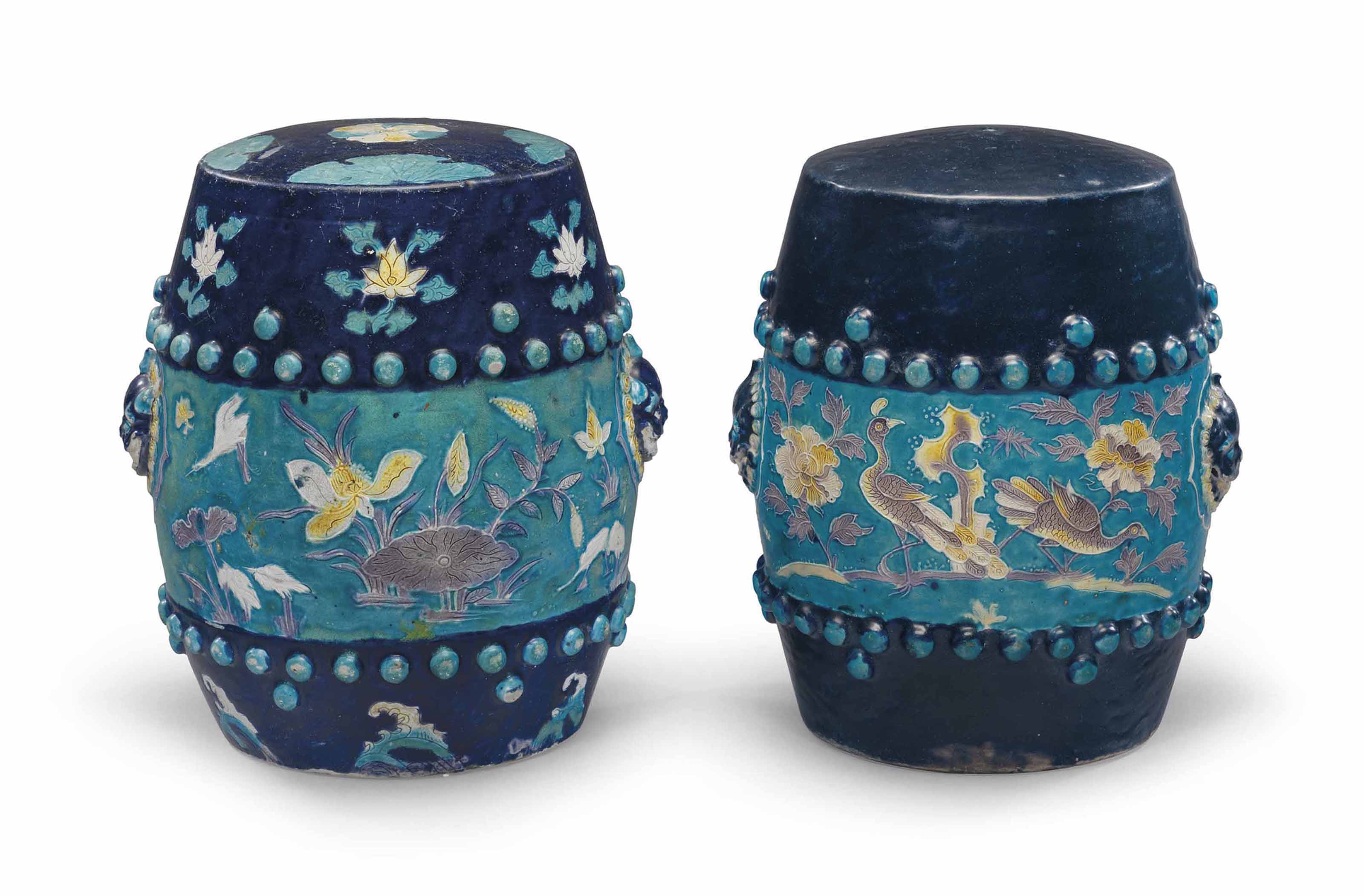 Two Fahua Barrel Form Garden Stools Ming Dynasty 1368 1644