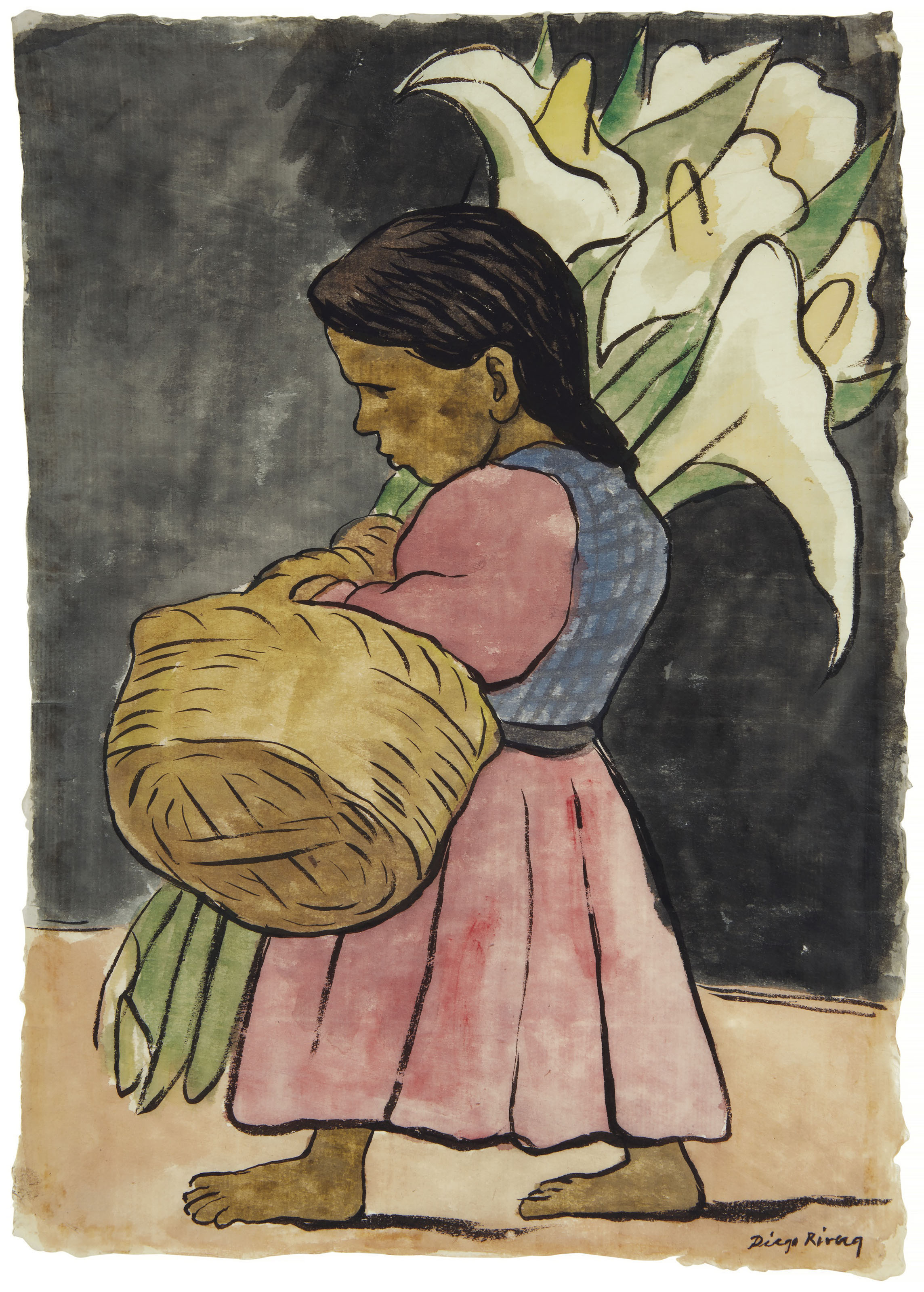 Diego Rivera (1886-1957), Niña con alcatraces (also known as Alcatraces), executed circa 1936. 15⅛ x 11  in (38.4 x 27.9  cm). Sold for $100,000 on 20-21 November 2018 at Christie’s in New York