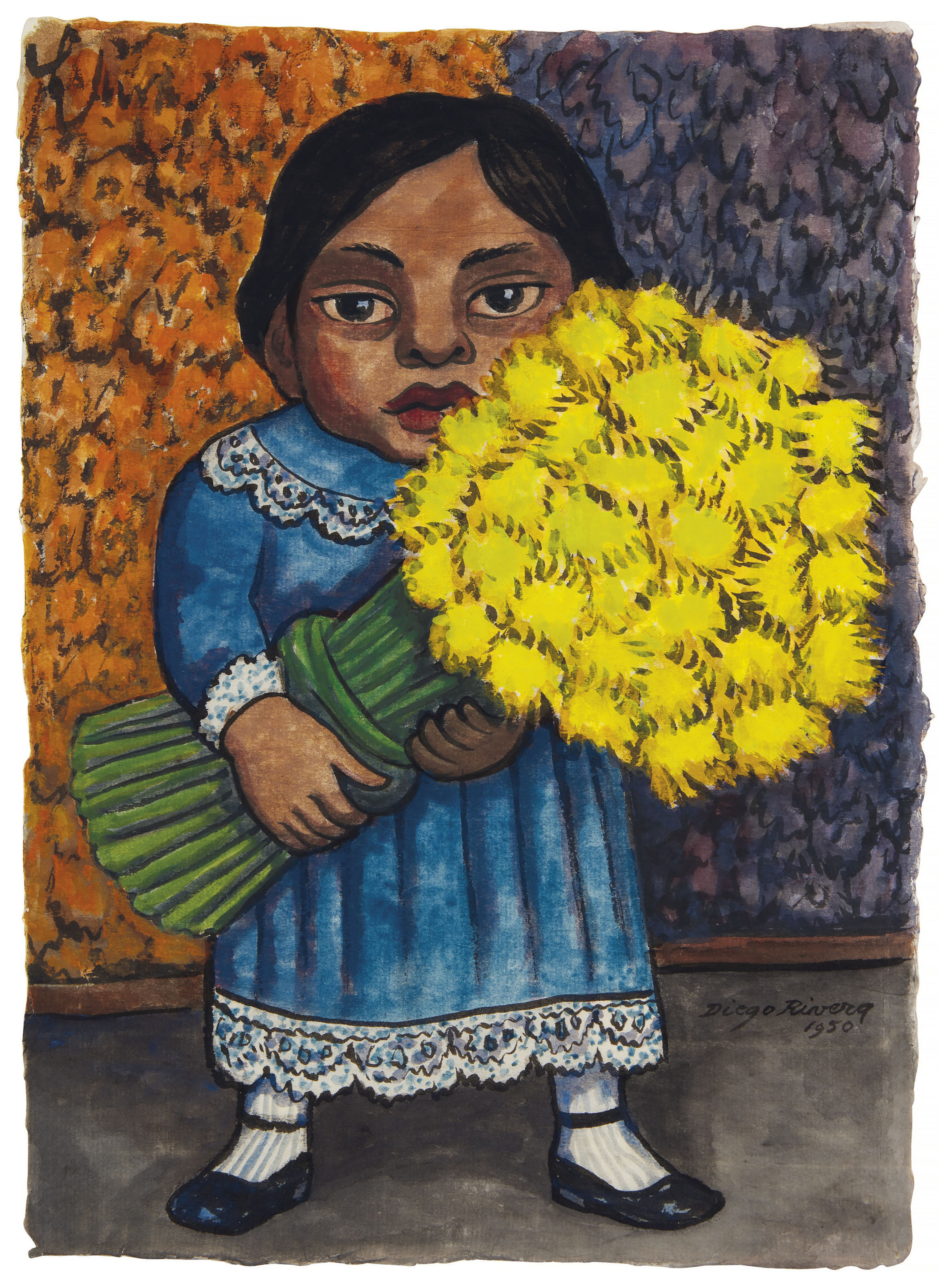 Diego Rivera (1886-1957), Niña con flores amarillas, executed in 1950. 15 ¼ x 11  in (38.7 x 27.9  cm). Sold for $106,250 on 20-21 November 2018 at Christie’s in New York