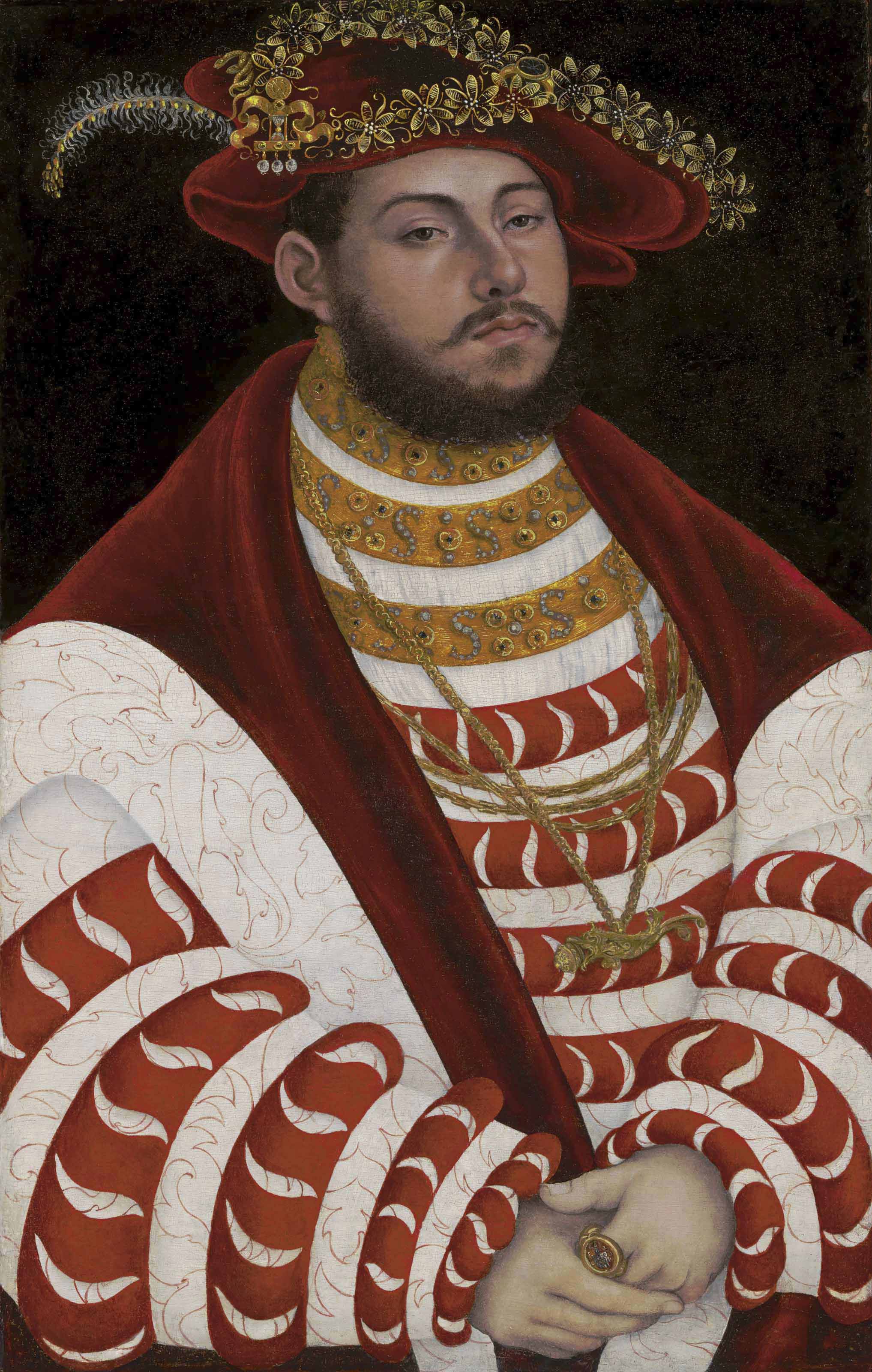 Lucas Cranach I (Kronach 1472-1553 Weimar), Portrait of John Frederick I, Elector of Saxony (1503-1554), half-length. 24&frac34; x 15⅝ in (62.8 x 39.7 cm). Estimate: $1,000,000-2,000,000. This lot is offered in Old Masters Part I on 19 April at Christie&rsquo;s in New York
