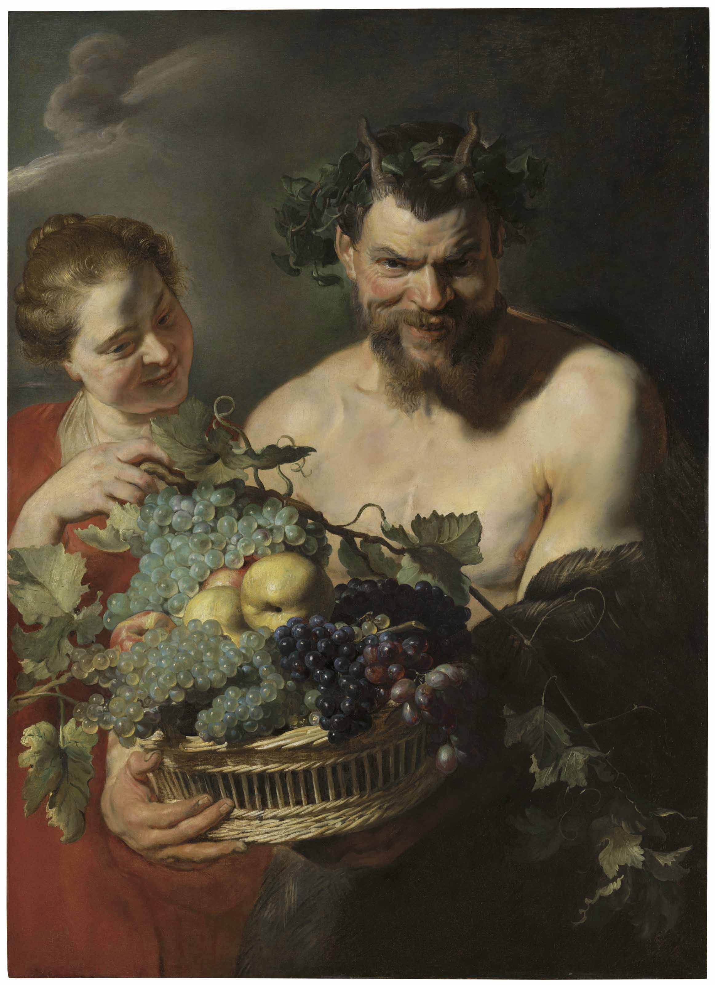 Sir Peter Paul Rubens (Siegen 1577-1640 Antwerp), A Satyr Holding a Basket of Grapes and Quinces with a Nymph. 41&frac14; x 29⅞  in (104.8 x 75.8  cm).