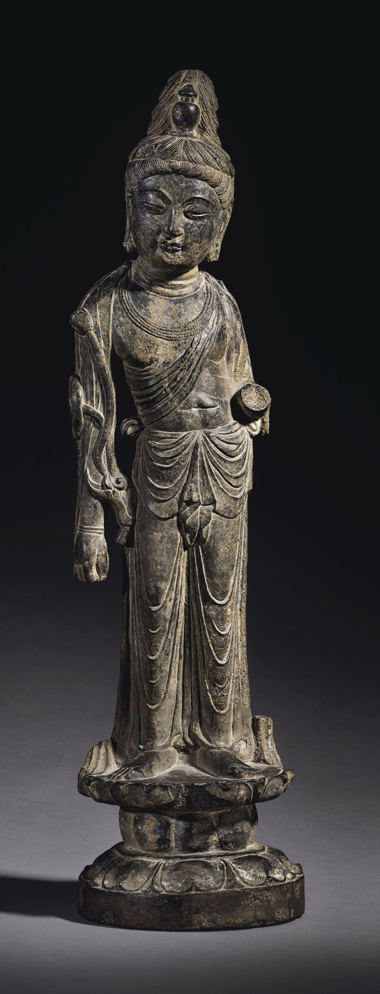 AN IMPORTANT AND VERY RARE GREY LIMESTONE FIGURE OF MAHASTHAMAPRAPTA