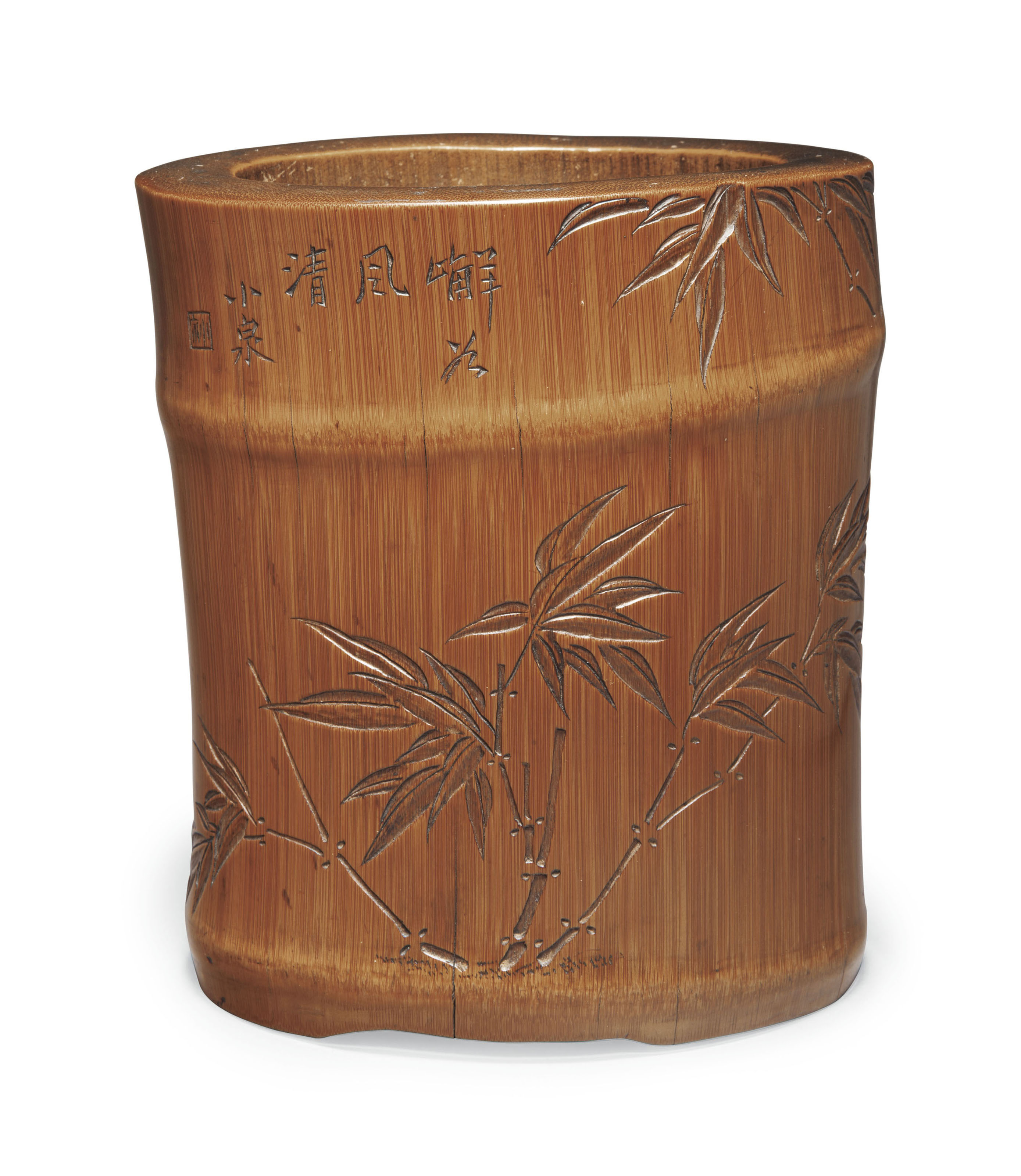 A CARVED OVAL BAMBOO  BRUSH POT 