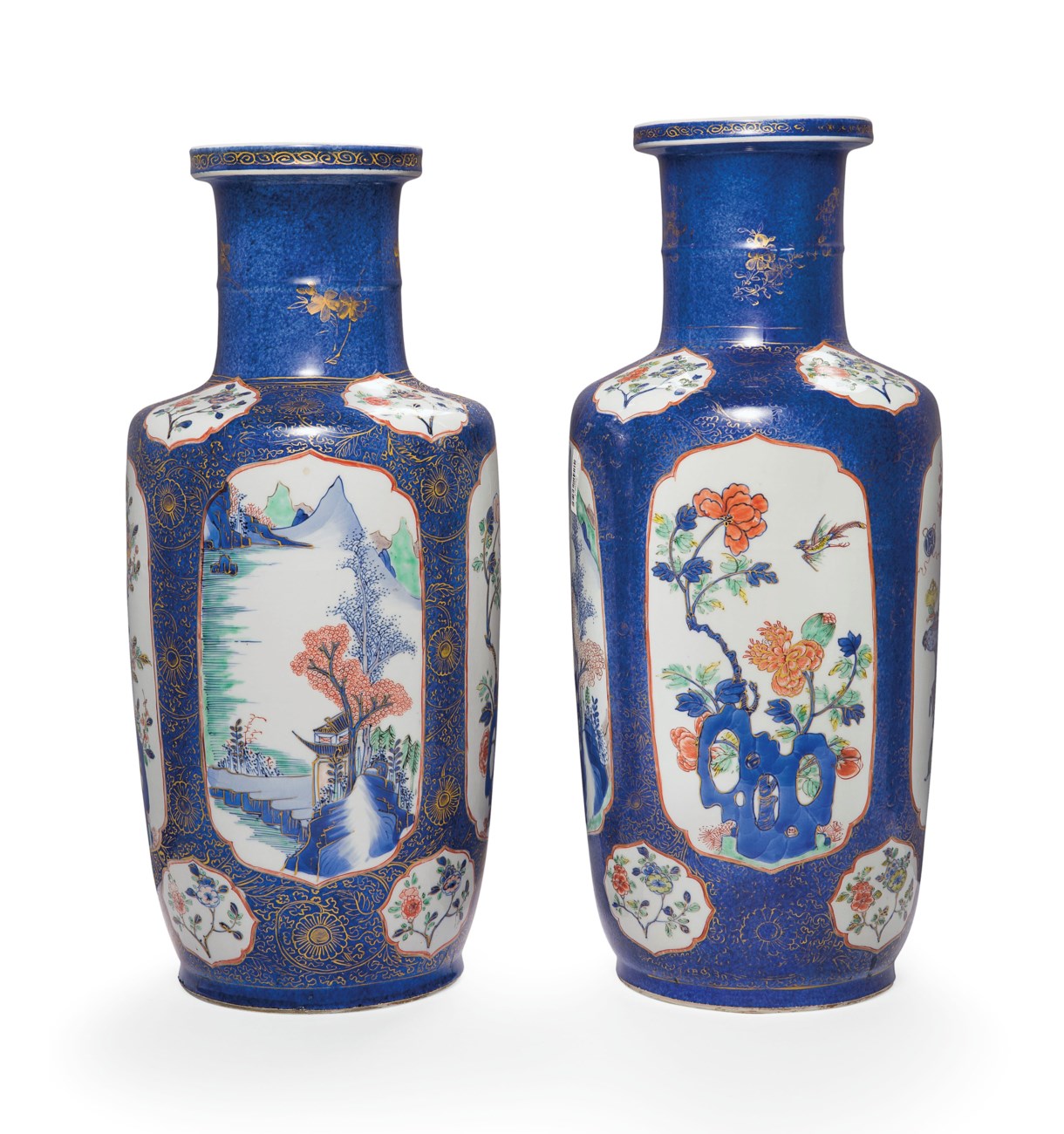A FINE PAIR OF POWDERBLUEGROUND FAMILLE VERTE ROULEAU VASES, KANGXI