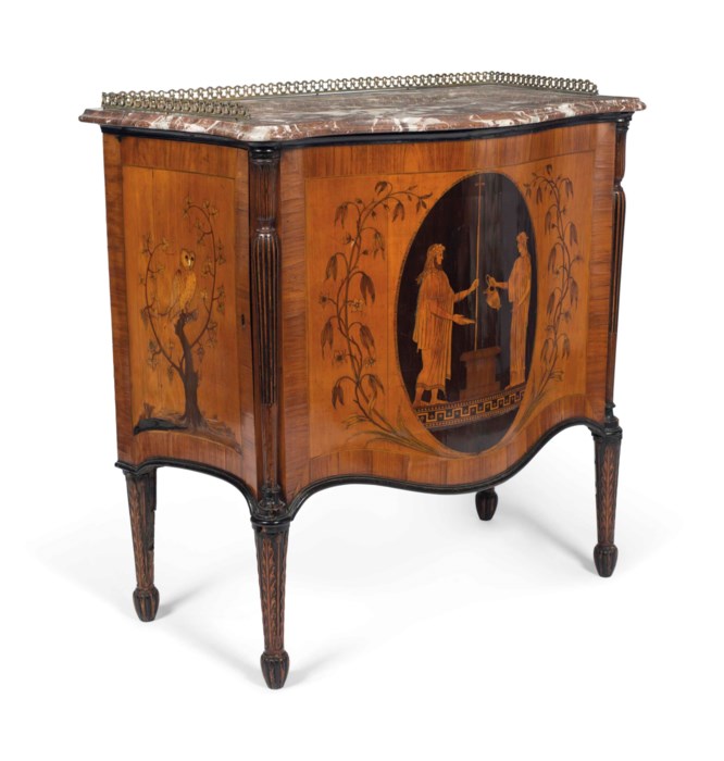 A GEORGE III MAHOGANY, SATINWOOD, EBONIZED AND EBONY MARQUETRY COMMODE ...