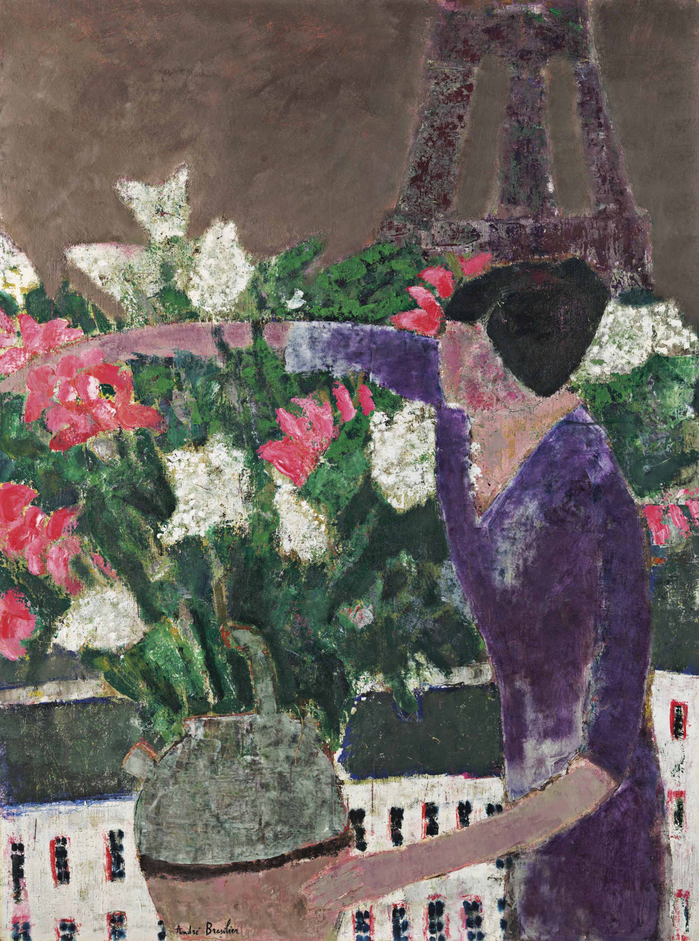 André BRASILIER : Jeune femme au bouquet - Affiche originale signée