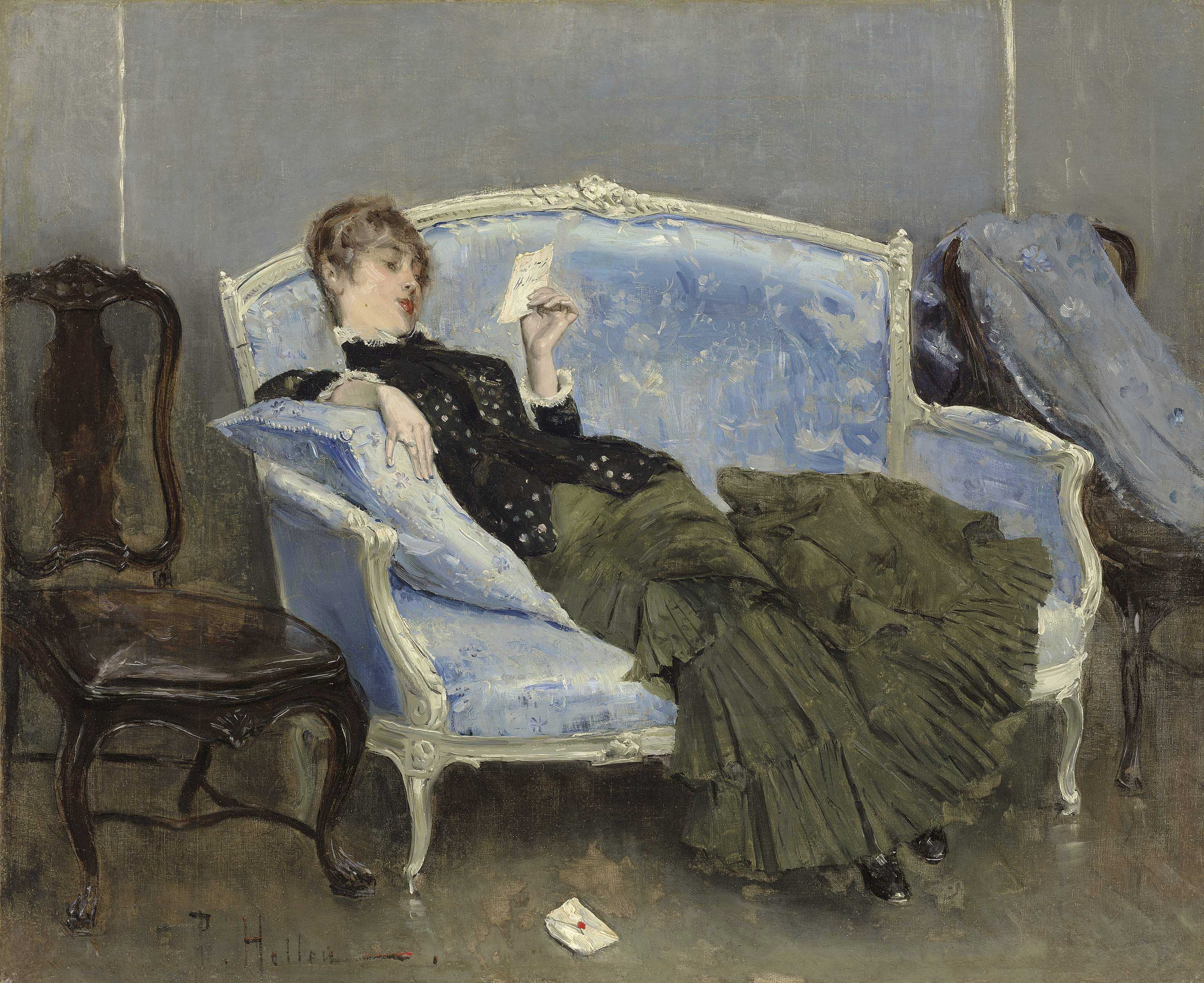 Paul-C&eacute;sar Helleu (1859-1927), La Lettre, 1880. 23⅝ in x 29  in (60 cm x 73.7  cm). Sold for $600,500 on 18 April 2018 at Christie&rsquo;s in New York