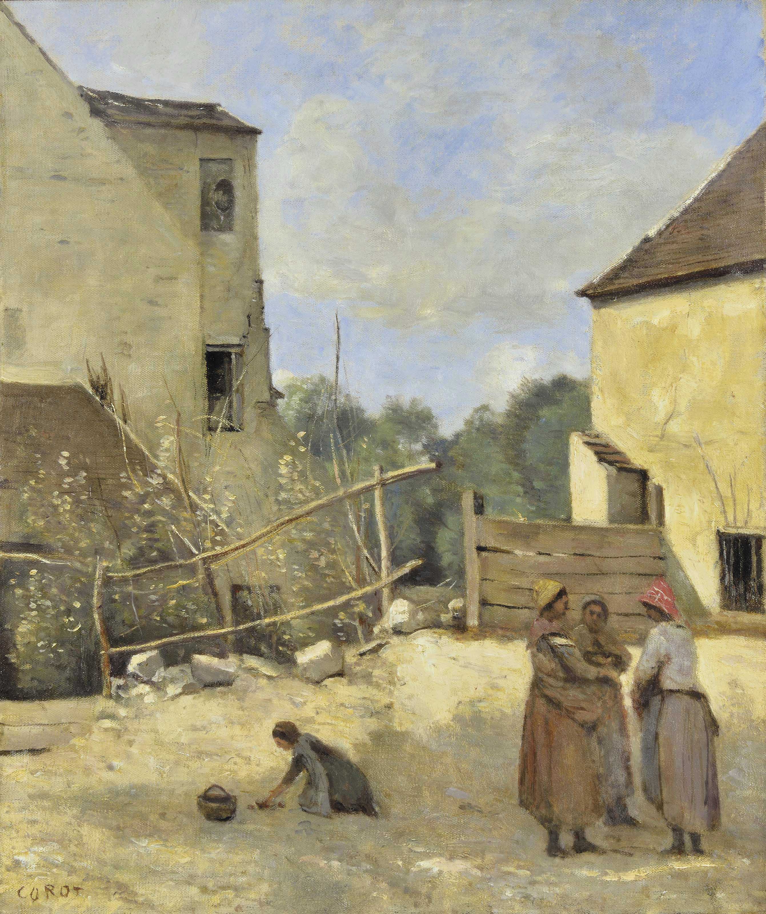 Trois paysannes causant dans une cour rustique