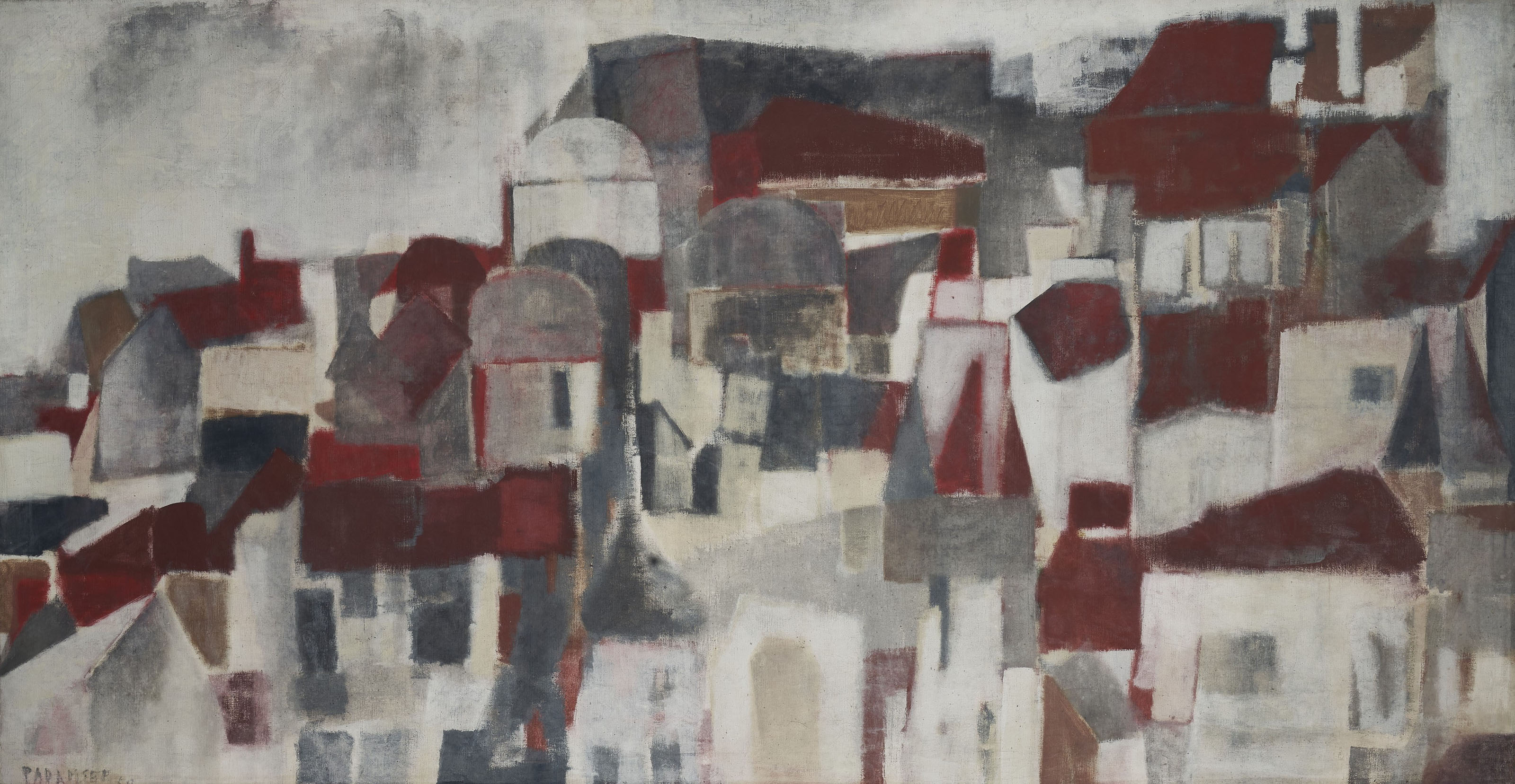Akbar Padamsee (1928-2020), Rooftops, 1959. Plastic emulsion on canvas. 48&frac34; x 93&frac12;  in (123.8 x 237.5  cm). Sold for $912,500&nbsp;on 12 September 2018 at Christie&rsquo;s in New York