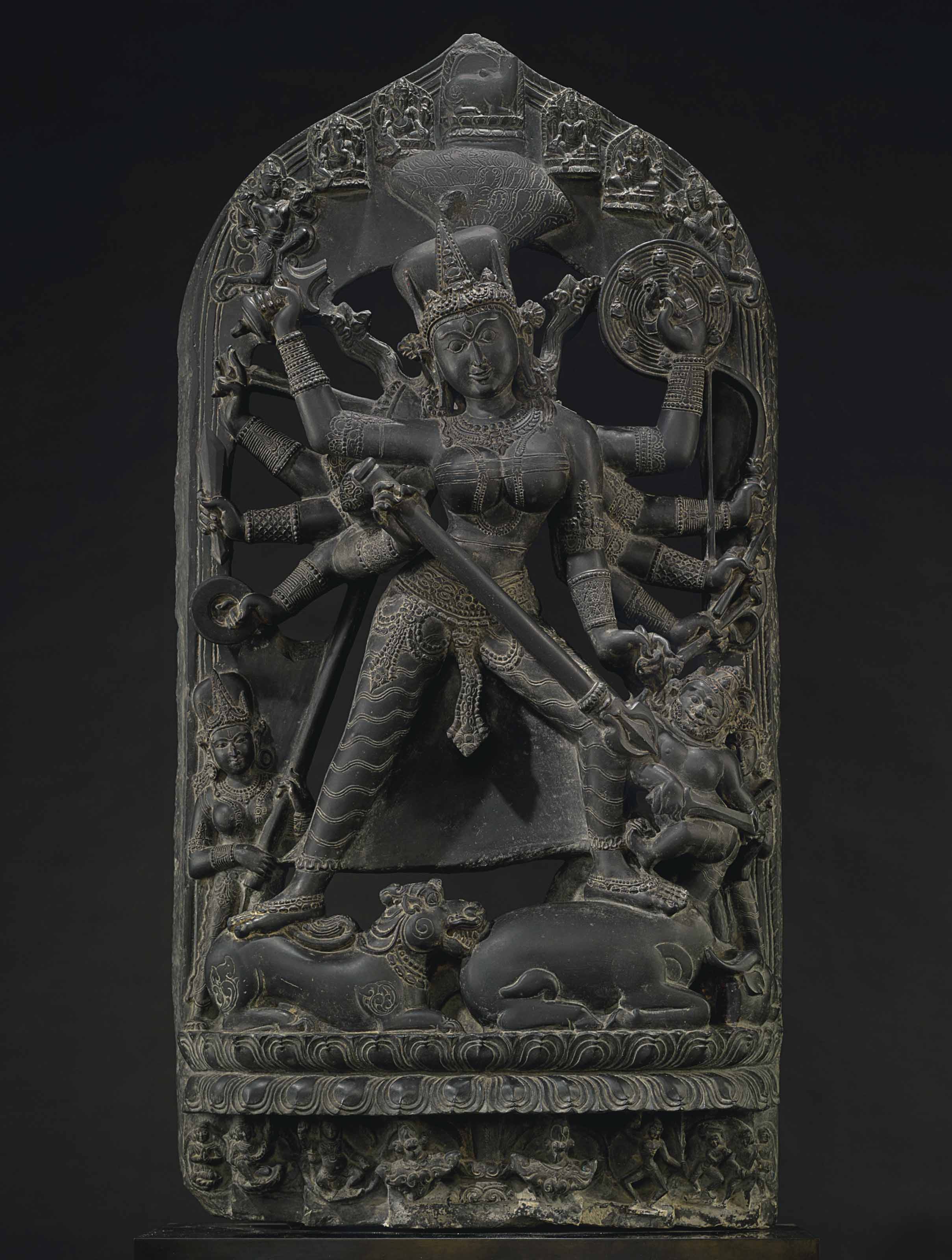 A black stone stele of Durga Mahishasura Mardini, northeast India, Pala period, Late 10th-early 11th century. 51&frac12;&nbsp;in (131 cm) high. Sold for $912,500 on 21 March 2018 at Christie’s in New York
