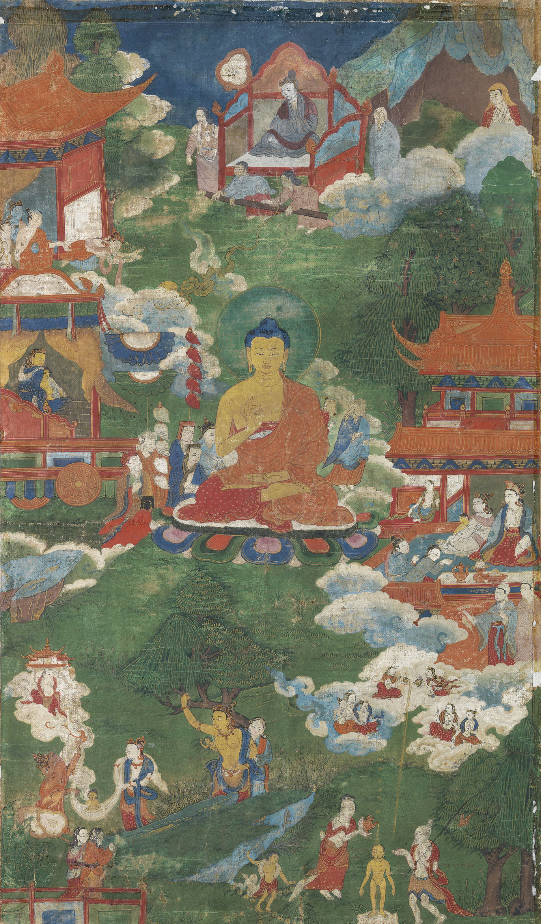 A Group Of Eight Thangkas Illustrating The Life Story Of Buddha